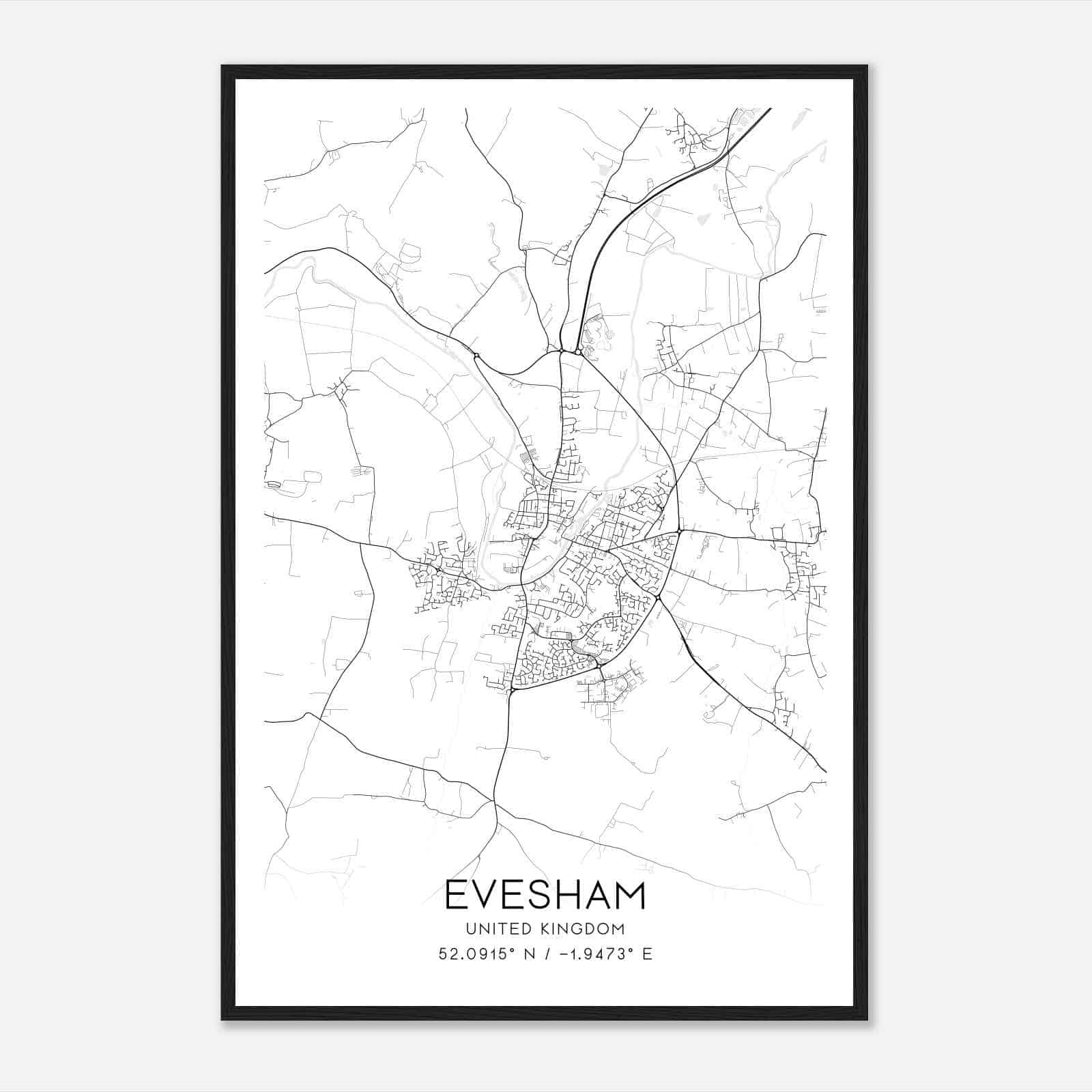 Evesham United Kingdom Map Poster, Modern Home Decor Wall Art Print