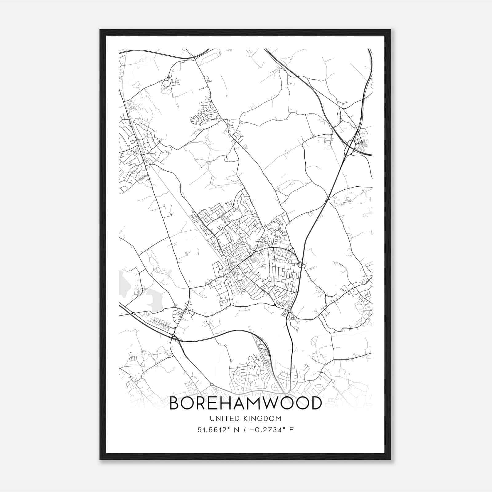 Borehamwood United Kingdom Map Poster, Modern Home Decor Wall Art Print