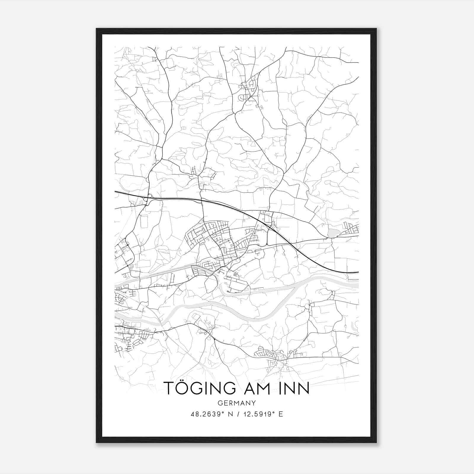 Toging am Inn Germany Map Poster, Modern Home Decor Wall Art Print