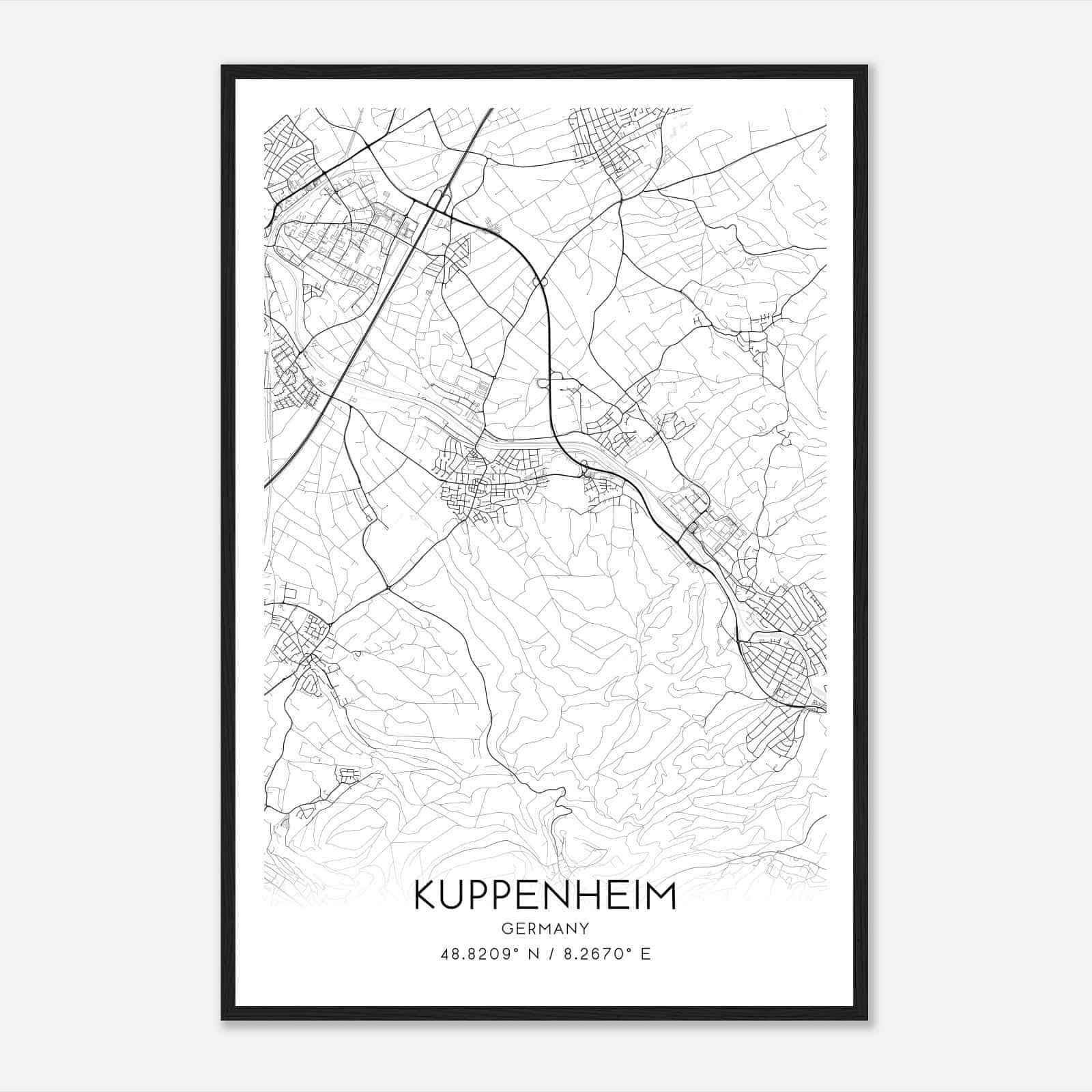 Kuppenheim Germany Map Poster, Modern Home Decor Wall Art Print