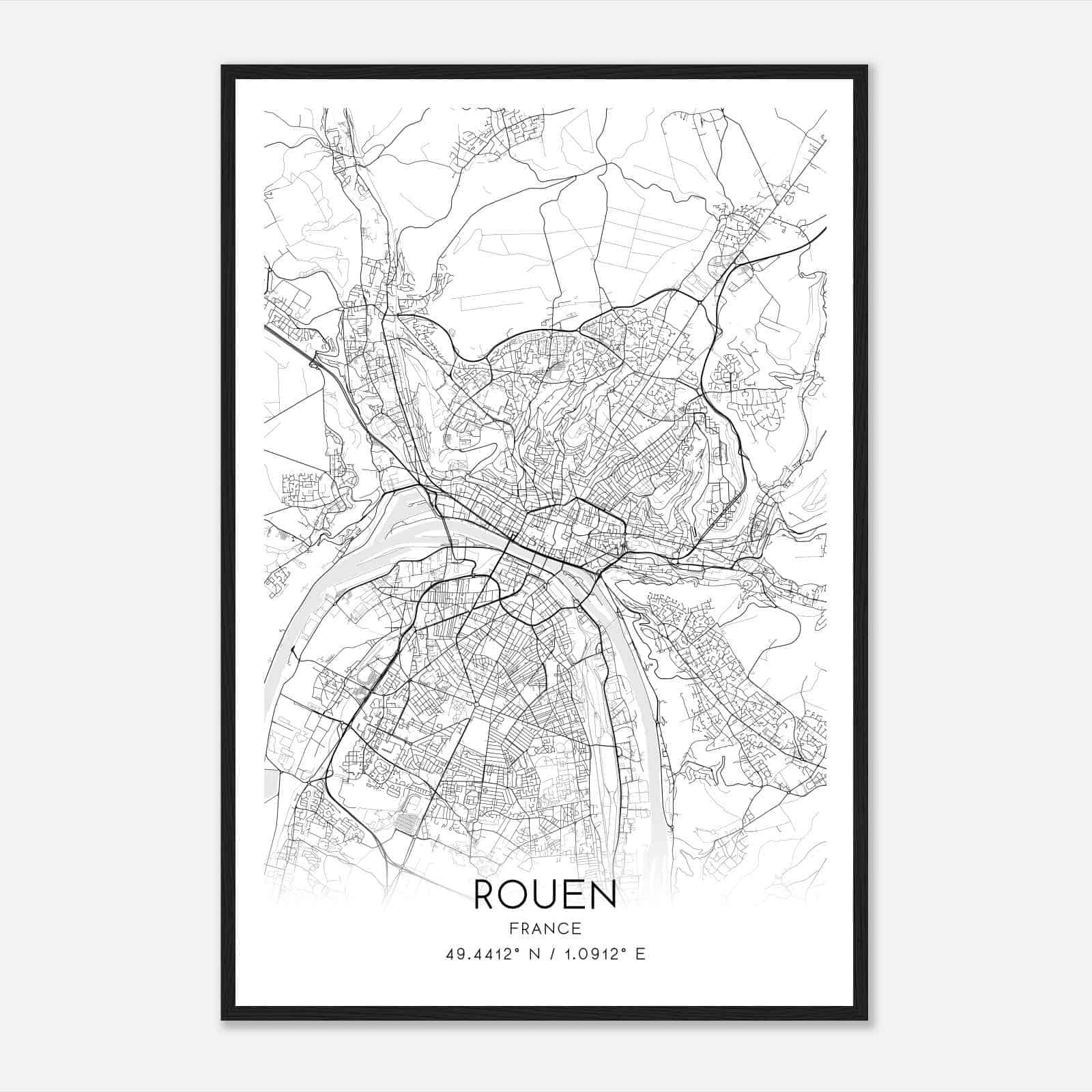Rouen France Map Poster, Modern Home Decor Wall Art Print