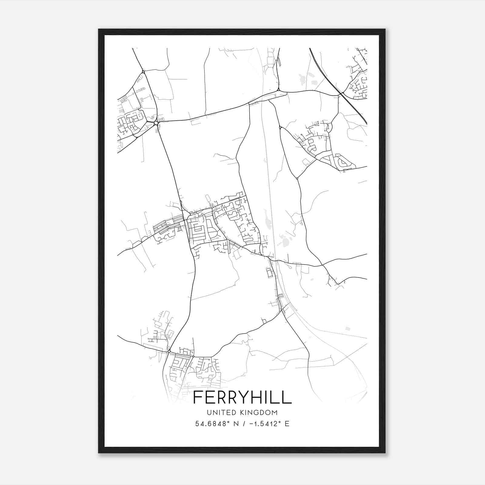 Ferryhill United Kingdom Map Poster, Modern Home Decor Wall Art Print