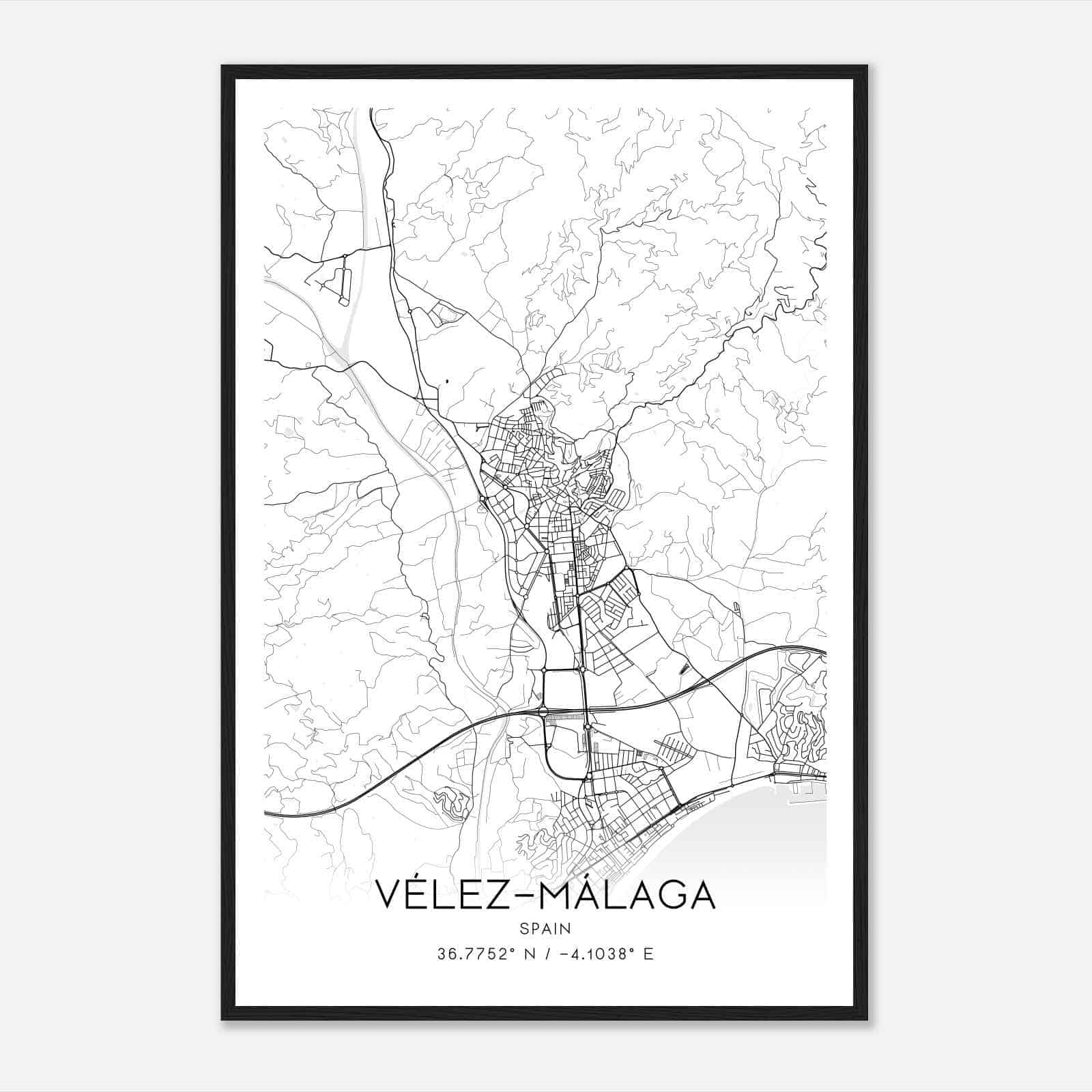 Velez-Malaga Spain Map Poster, Modern Home Decor Wall Art Print