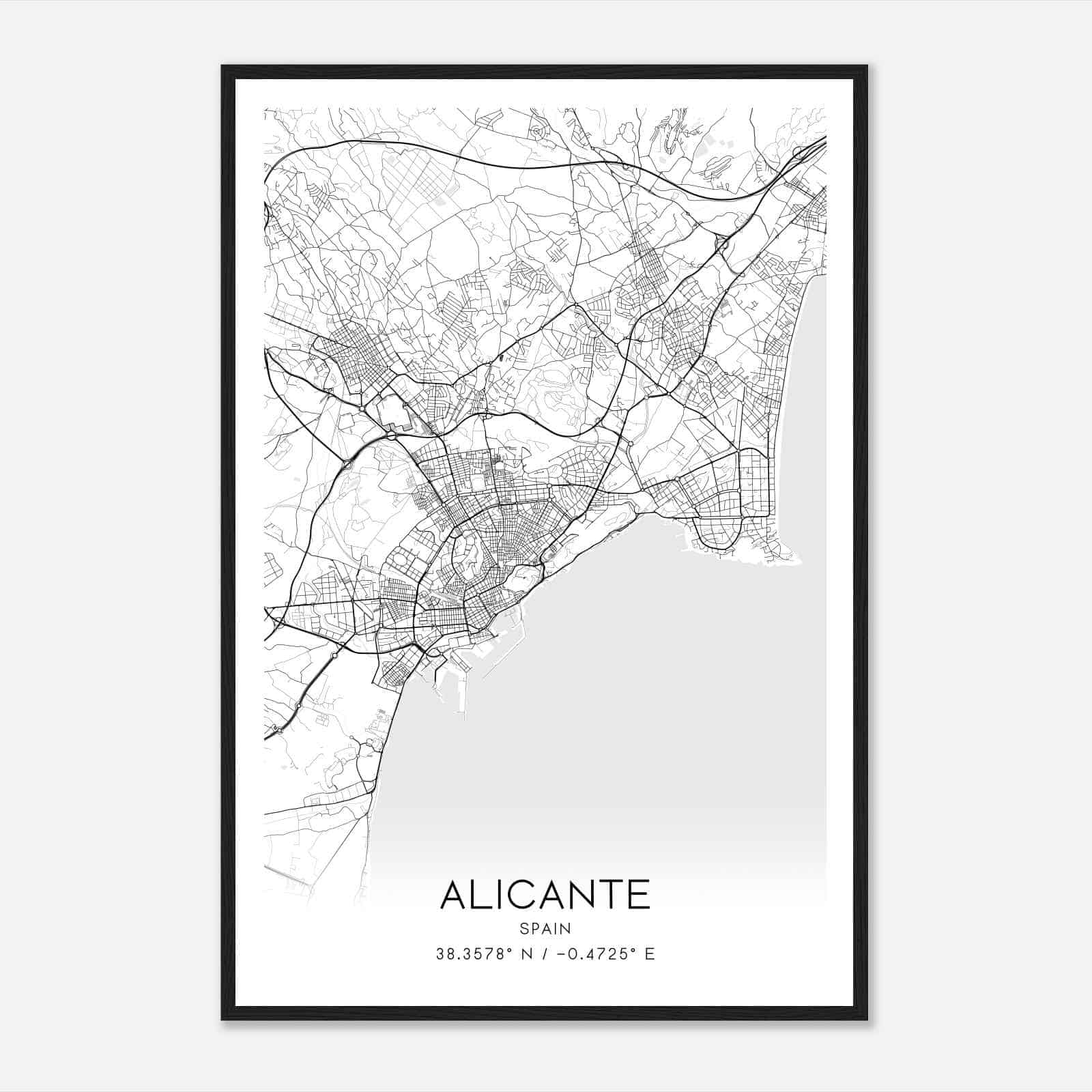 Alicante Spain Map Poster, Modern Home Decor Wall Art Print
