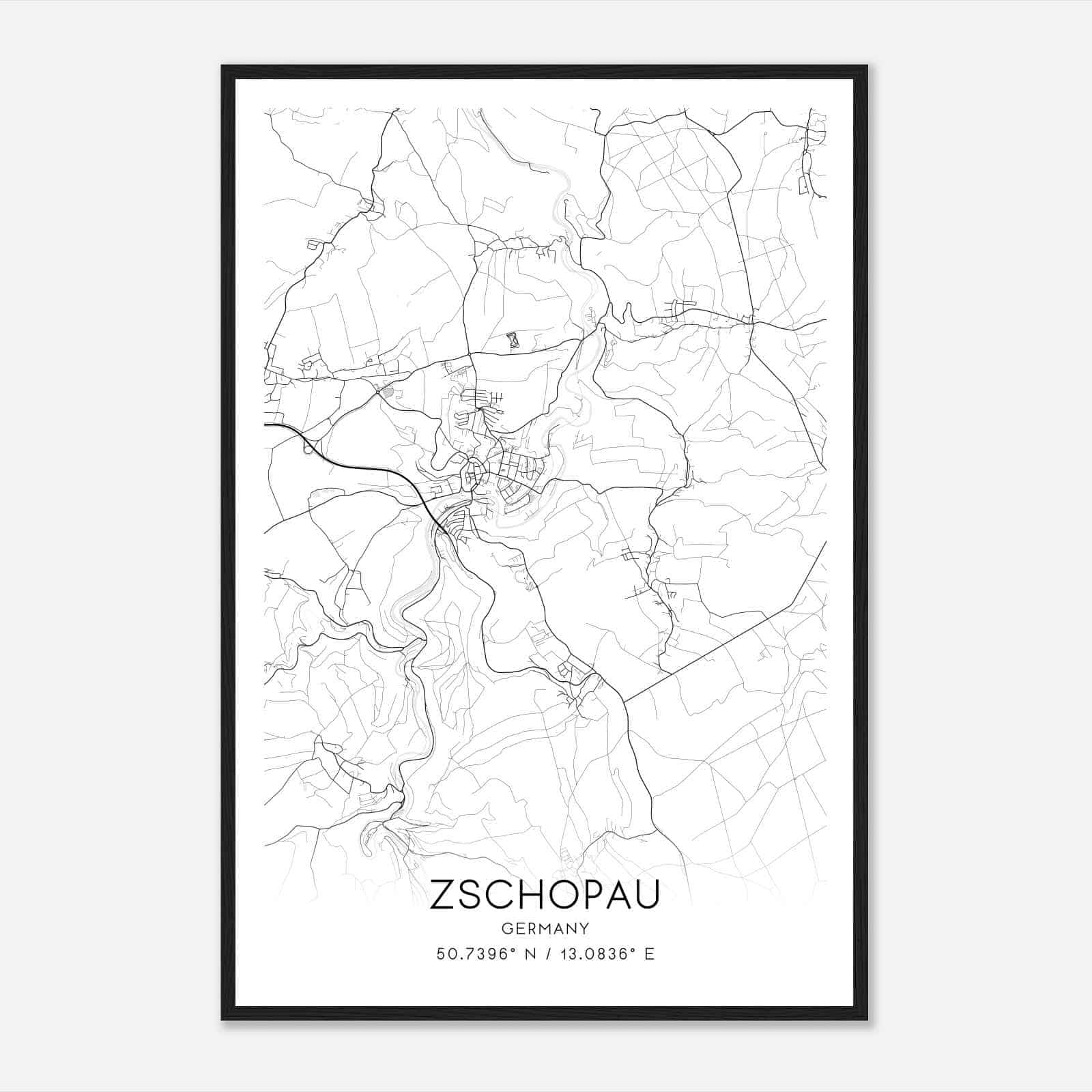Zschopau Germany Map Poster, Modern Home Decor Wall Art Print