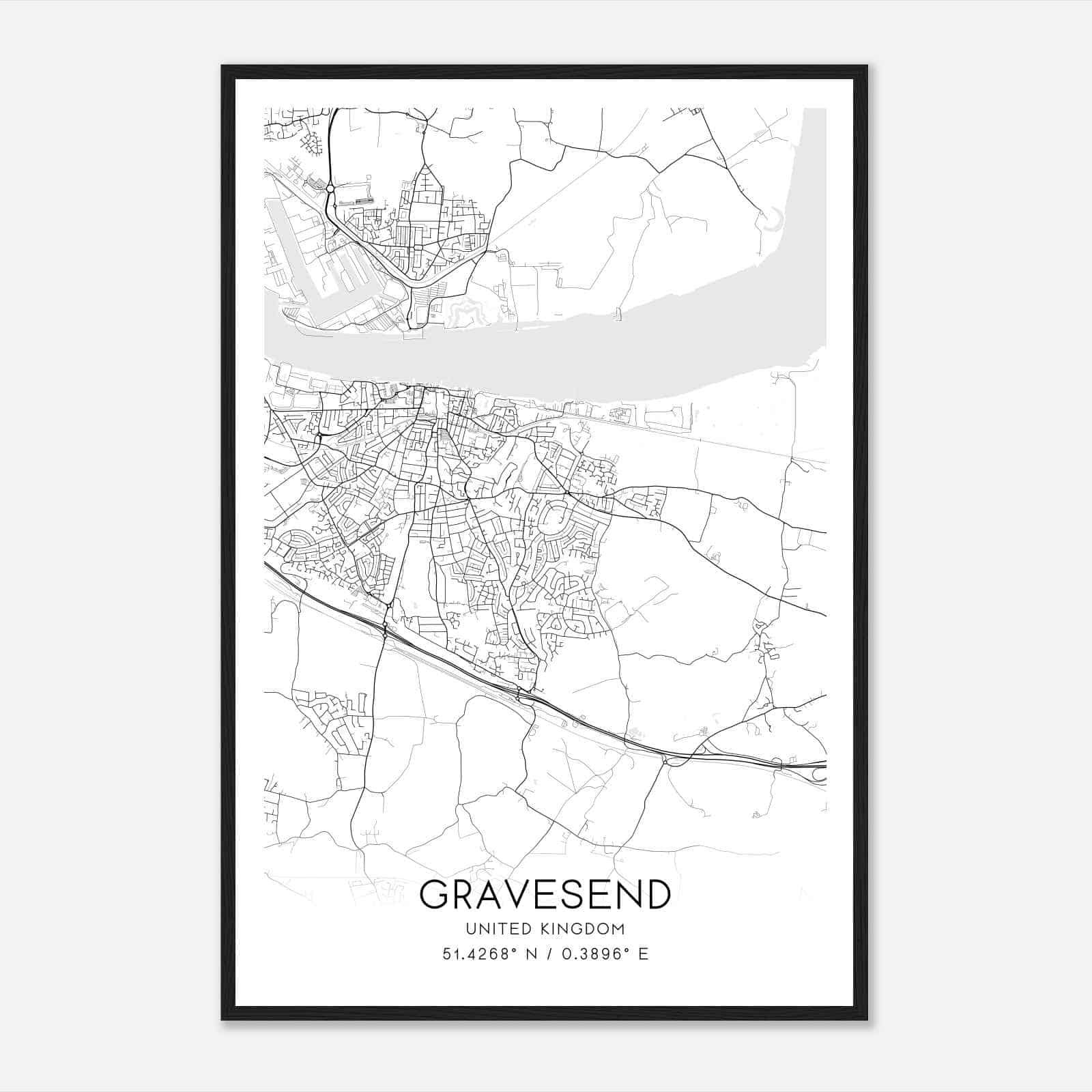 Gravesend United Kingdom Map Poster, Modern Home Decor Wall Art Print