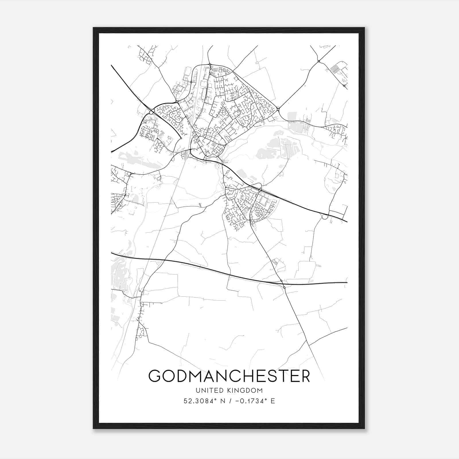 Godmanchester United Kingdom Map Poster, Modern Home Decor Wall Art Print
