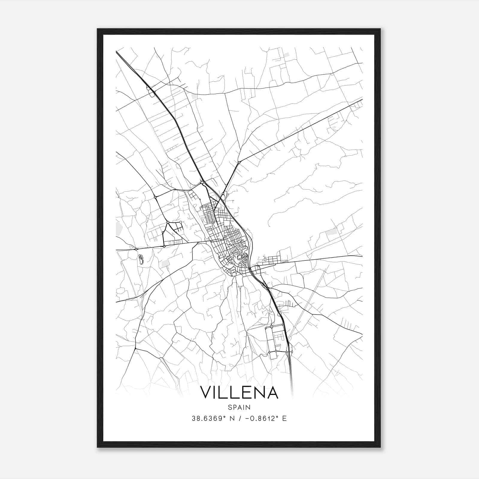 Villena Spain Map Poster, Modern Home Decor Wall Art Print