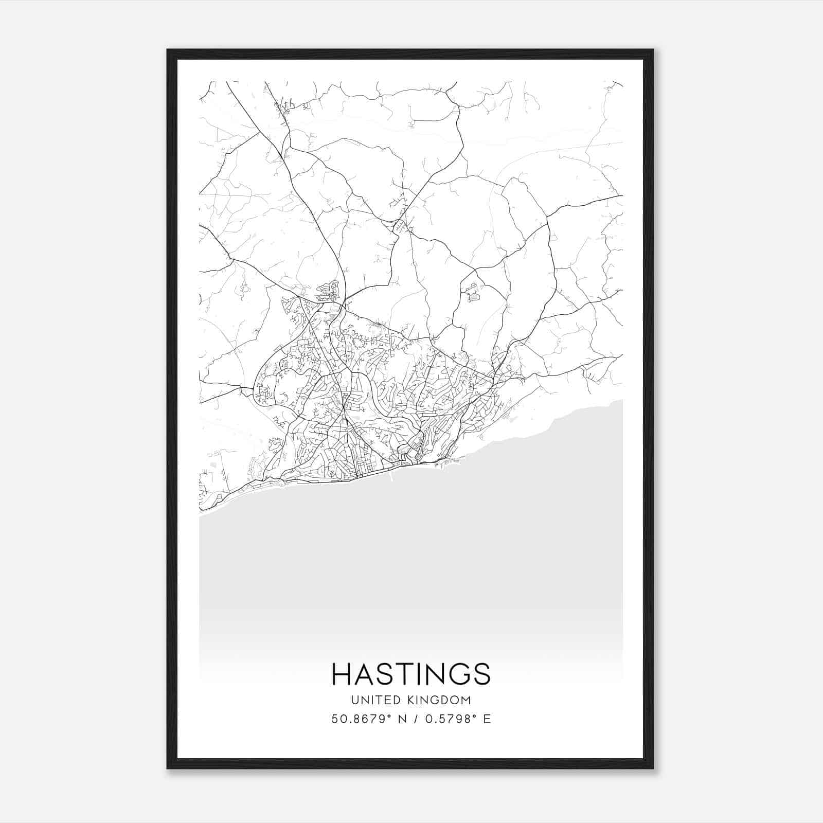 Hastings United Kingdom Map Poster, Modern Home Decor Wall Art Print