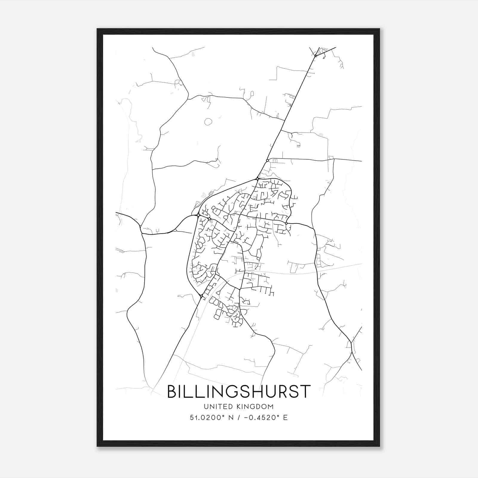 Billingshurst United Kingdom Map Poster, Modern Home Decor Wall Art Print