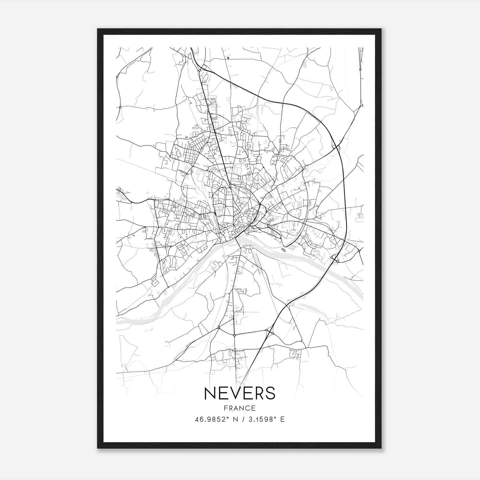 Nevers France Map Poster, Modern Home Decor Wall Art Print