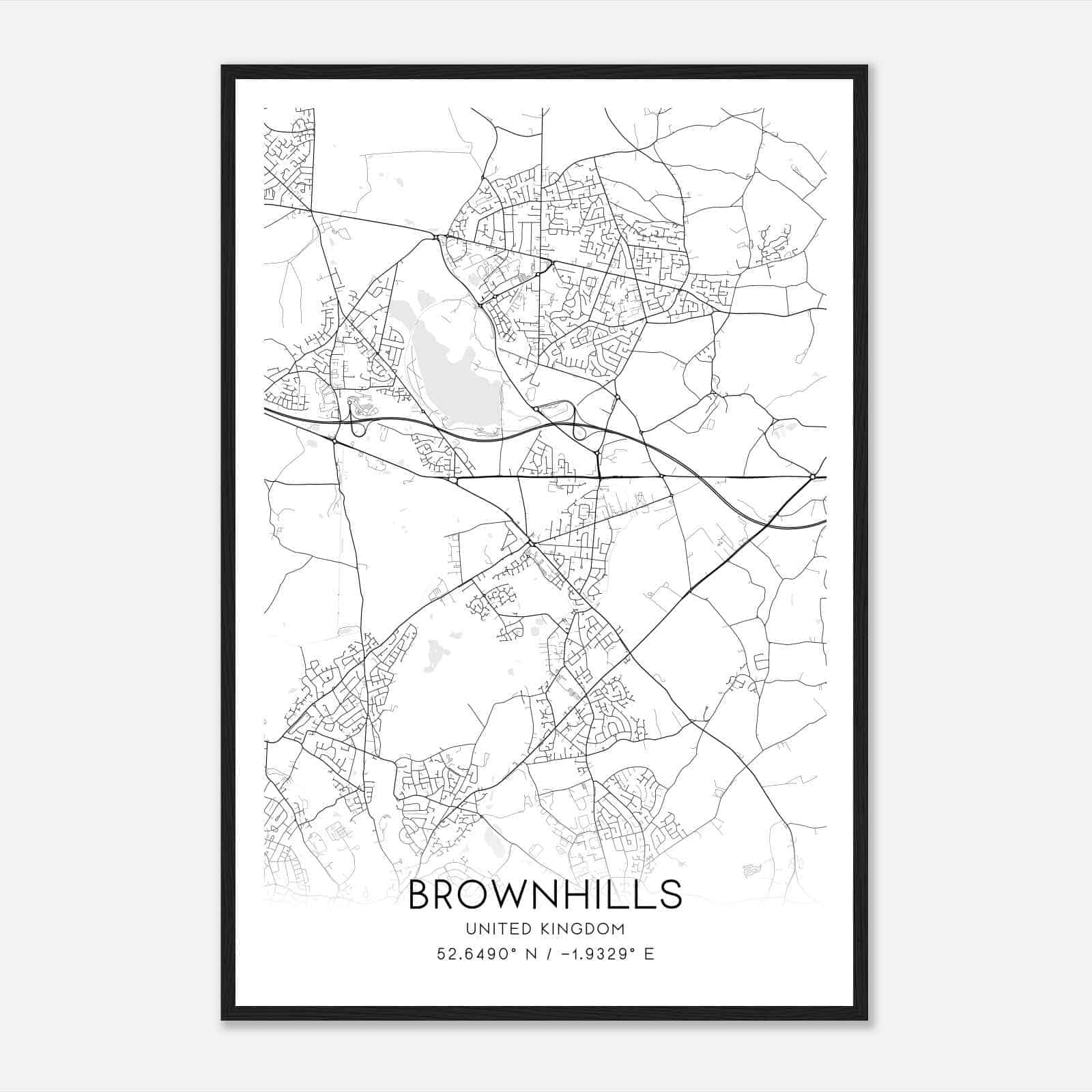 Brownhills United Kingdom Map Poster, Modern Home Decor Wall Art Print