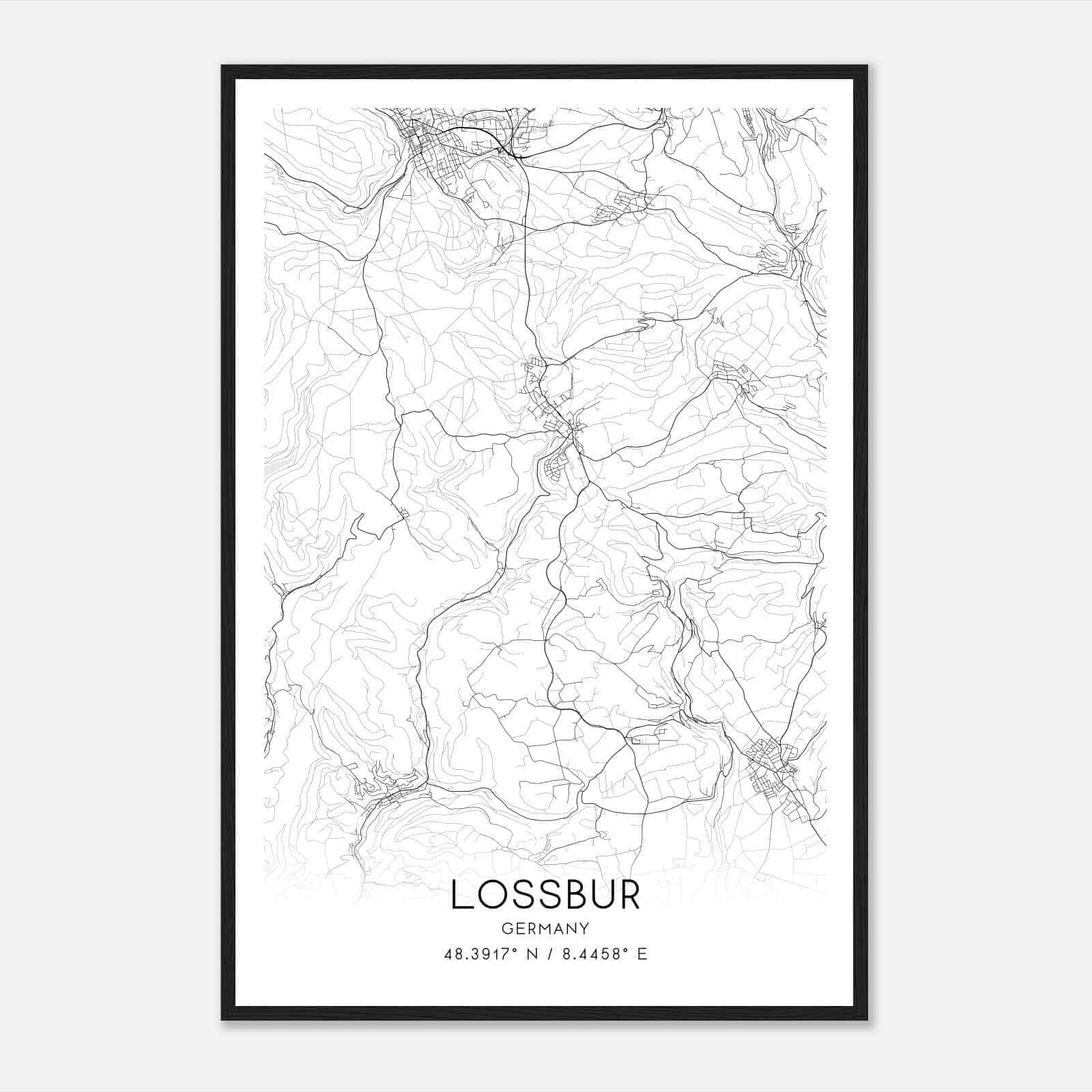 Lossburg Germany Map Poster, Modern Home Decor Wall Art Print Custom