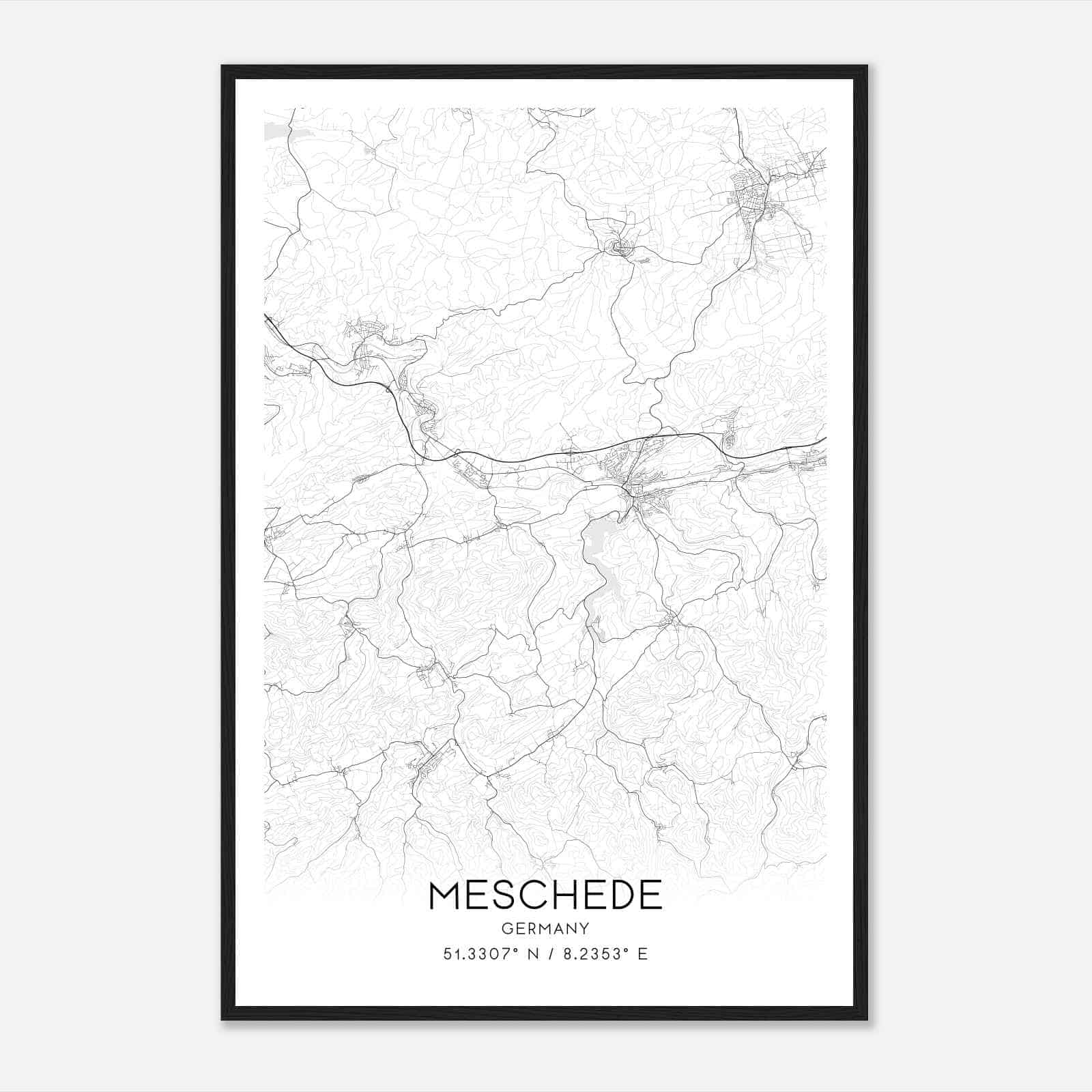 Meschede Germany Map Poster, Modern Home Decor Wall Art Print
