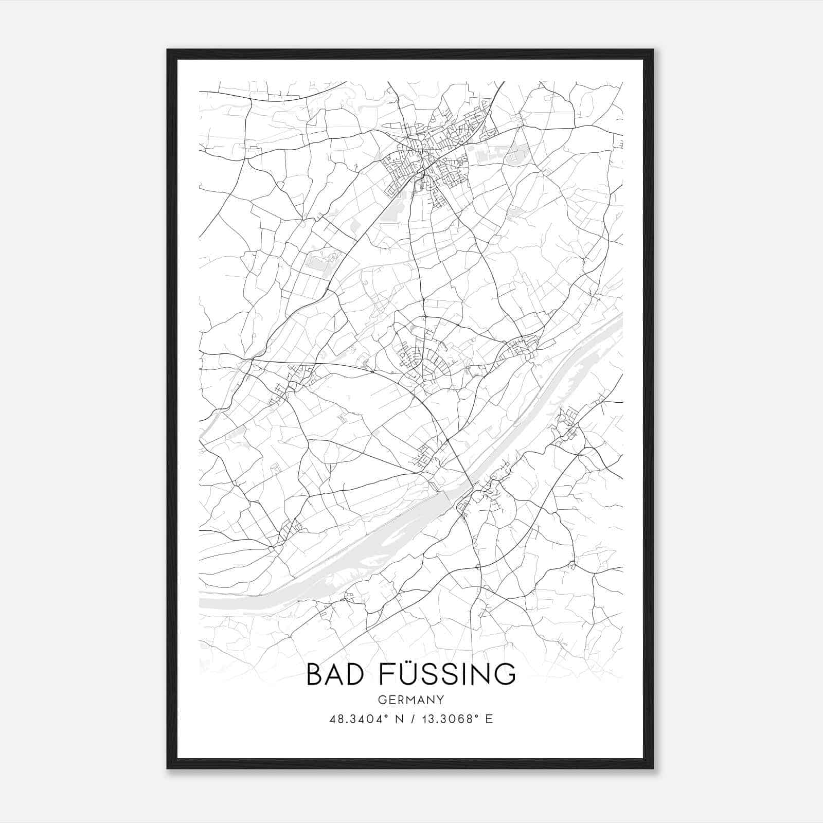 Bad Fussing Germany Map Poster, Modern Home Decor Wall Art Print