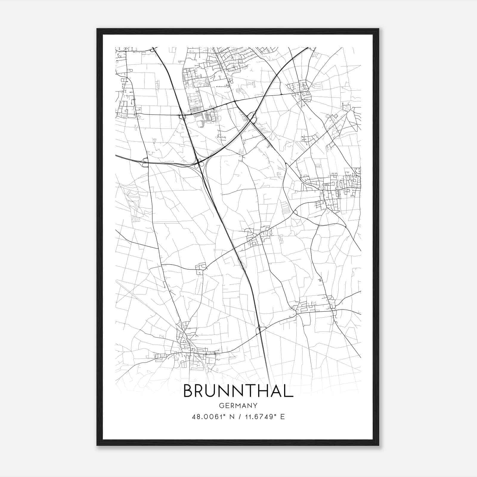 Brunnthal Germany Map Poster, Modern Home Decor Wall Art Print