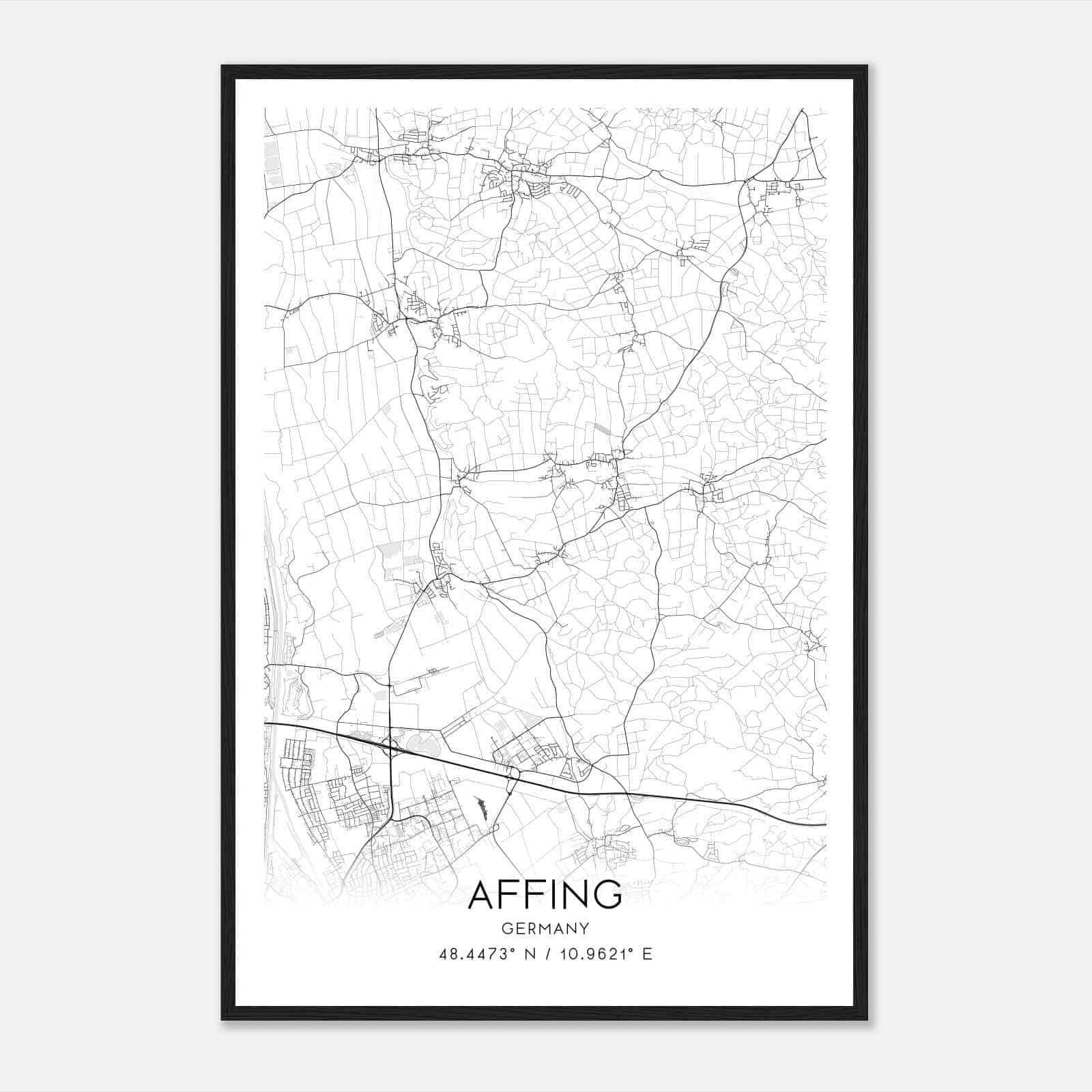 Affing Germany Map Poster, Modern Home Decor Wall Art Print