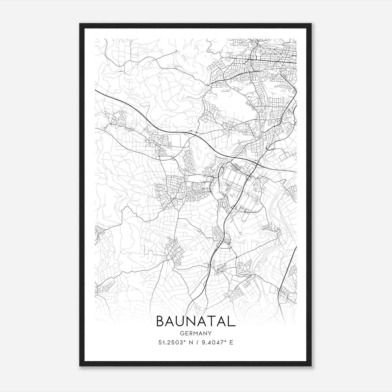 Baunatal Germany Map Poster, Modern Home Decor Wall Art Print