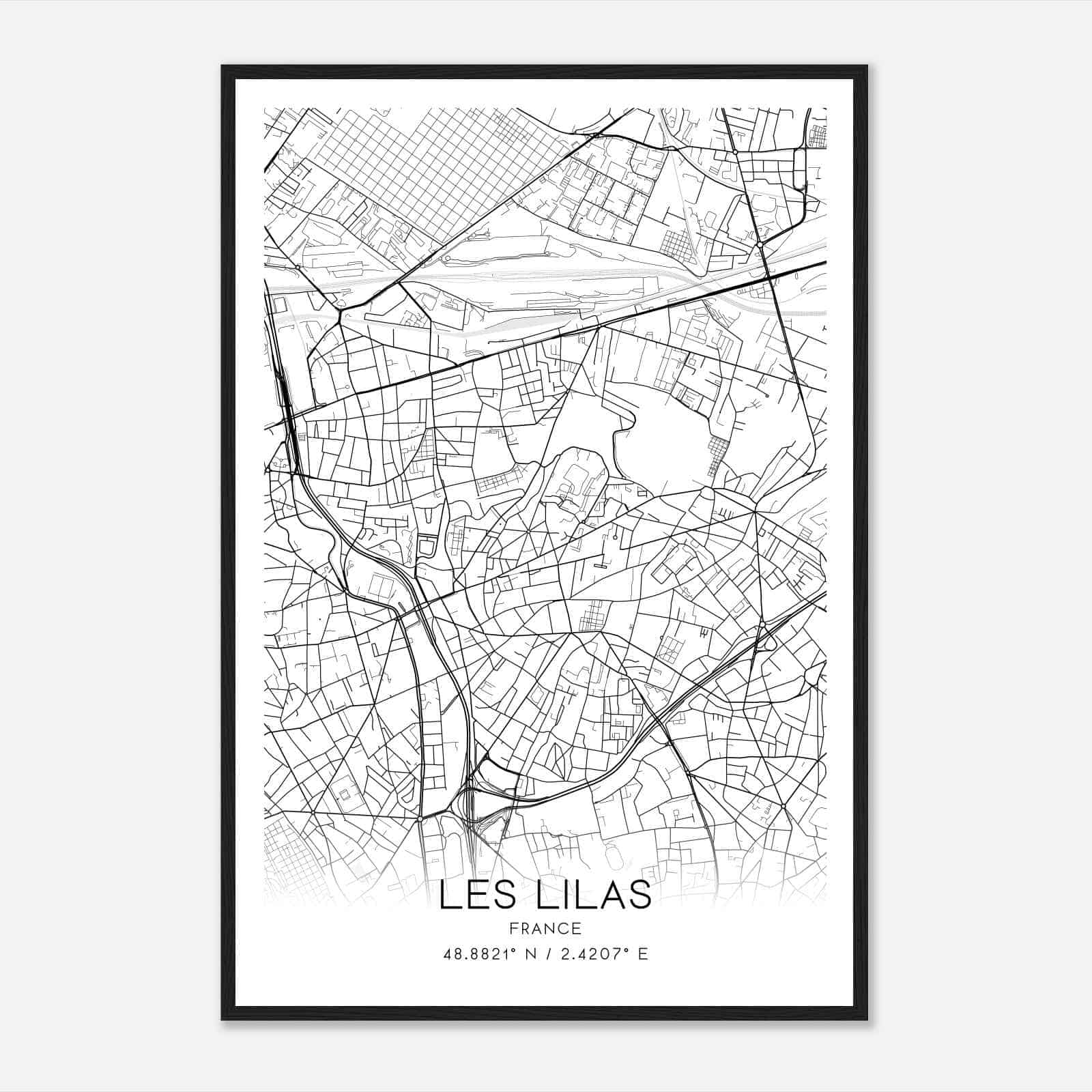 Les Lilas France Map Poster, Modern Home Decor Wall Art Print