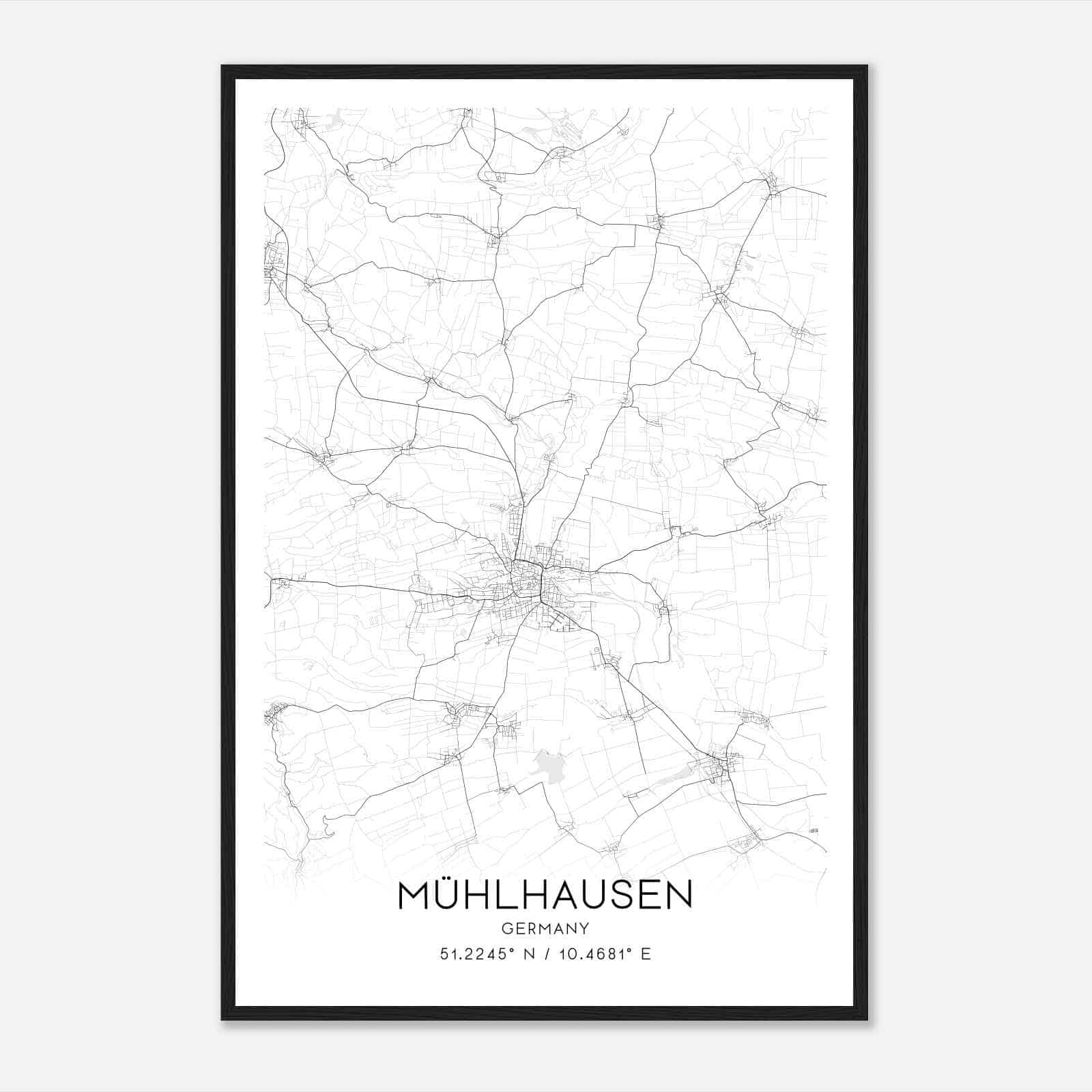Muhlhausen Germany Map Poster, Modern Home Decor Wall Art Print
