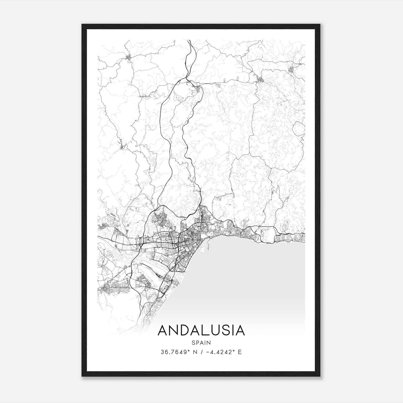 Malaga Spain Map Poster, Modern Home Decor Wall Art Print