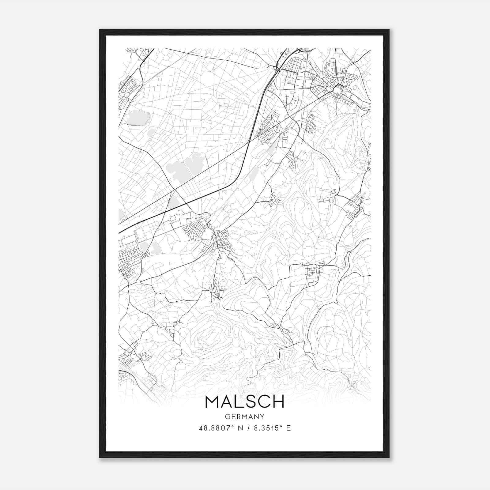 Malsch Germany Map Poster, Modern Home Decor Wall Art Print