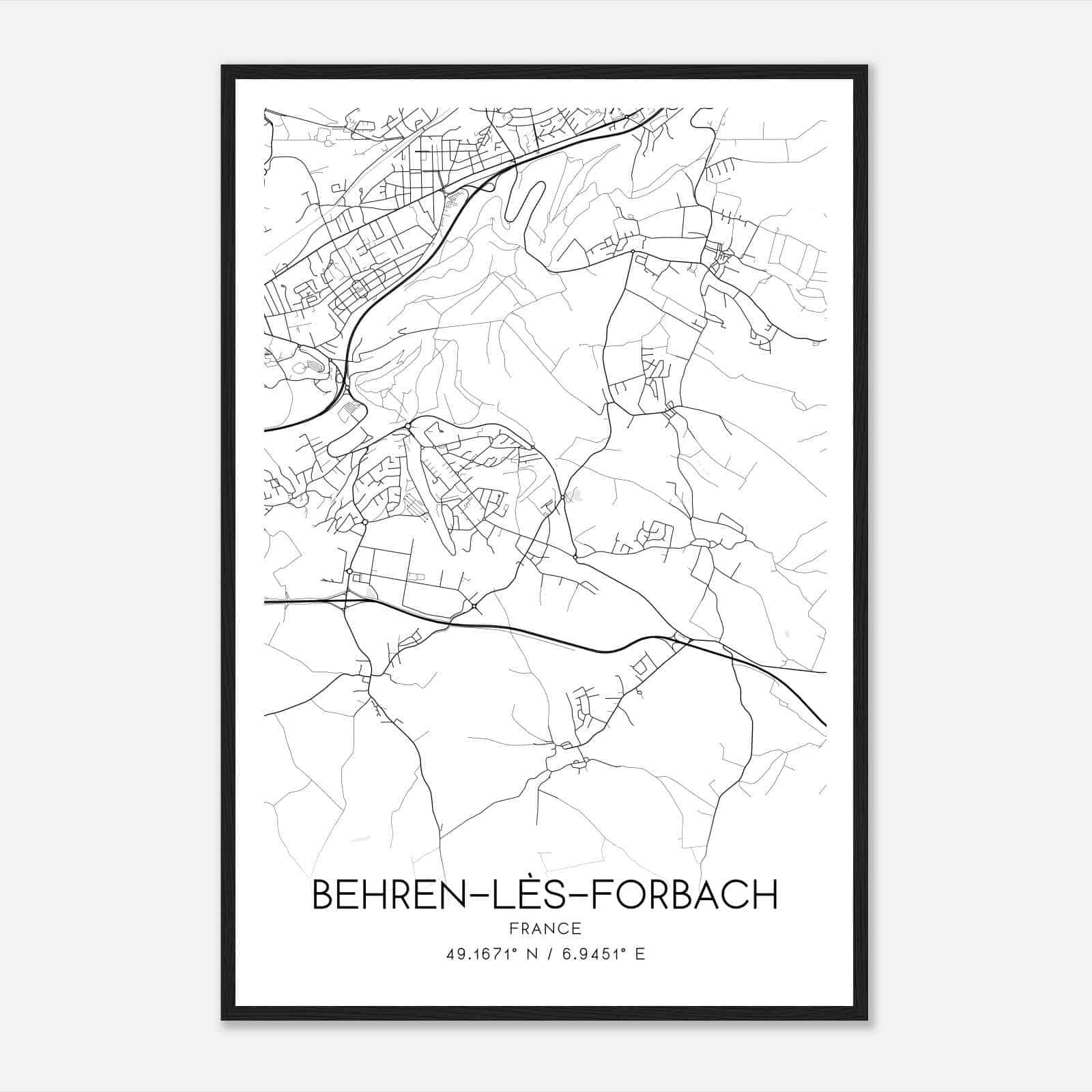 Behren-les-Forbach France Map Poster, Modern Home Decor Wall Art Print
