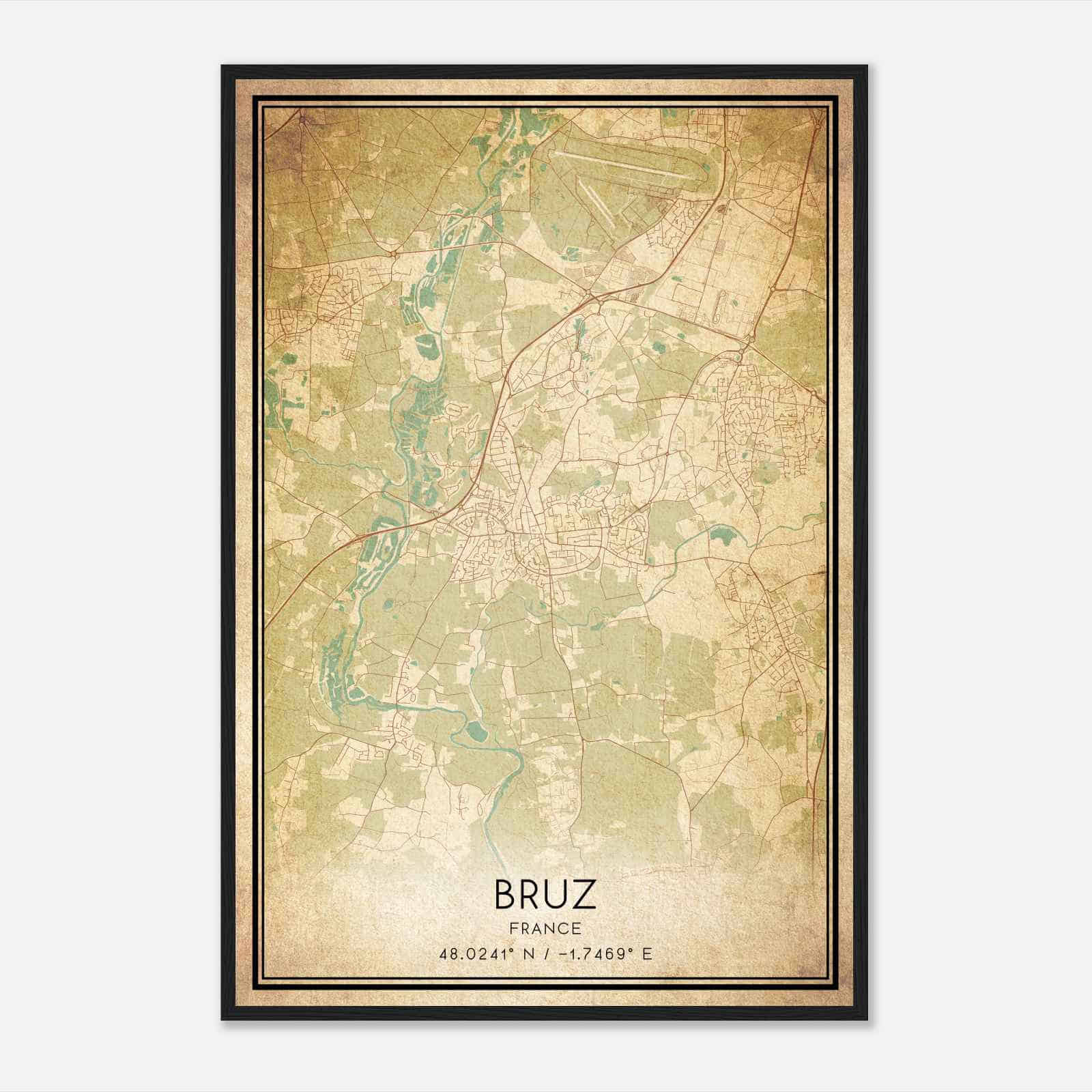 Vintage Bruz France Map Poster, Bruz City Road Wall Art Print