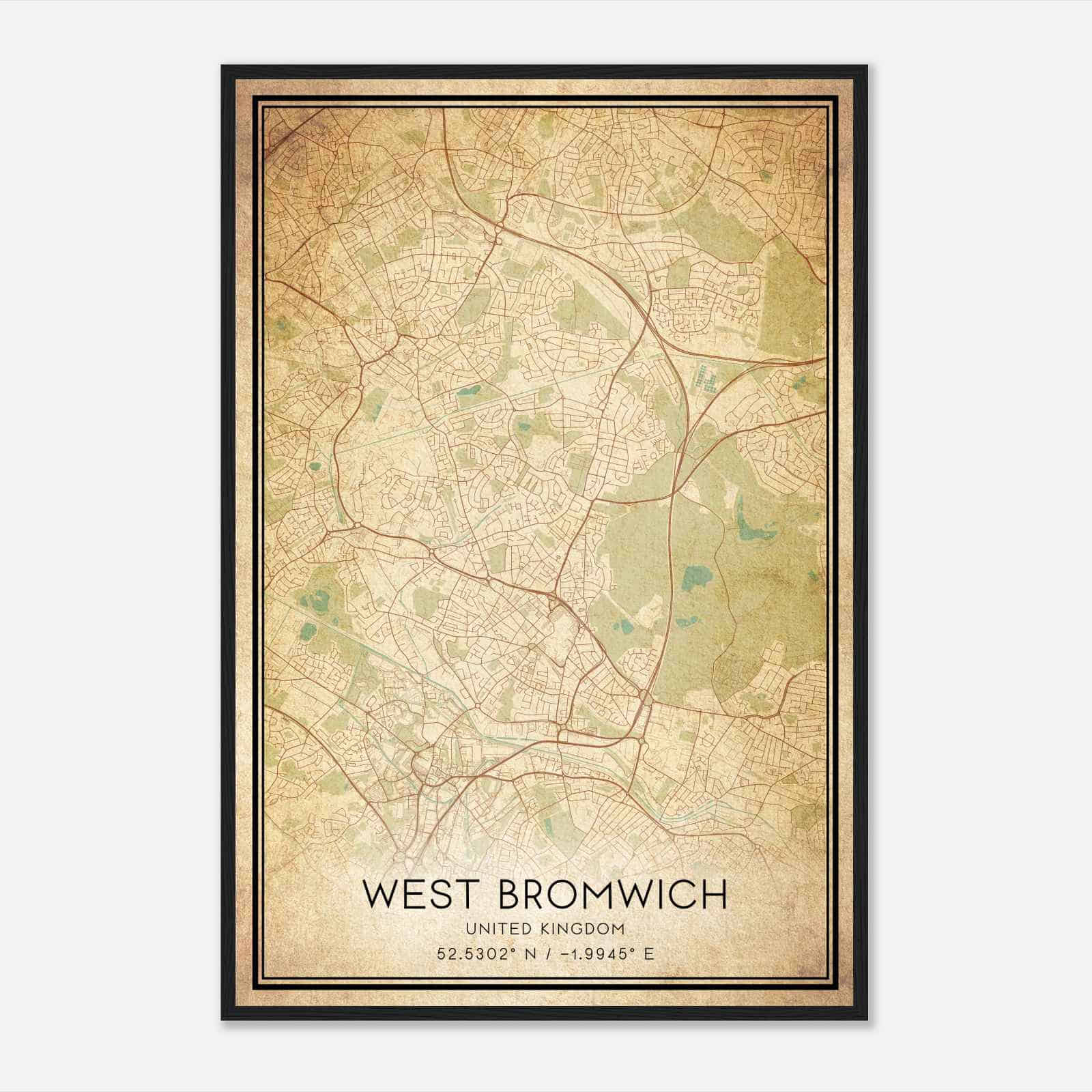Vintage West Bromwich United Kingdom Map Poster, West Bromwich City Road Wall Art Print