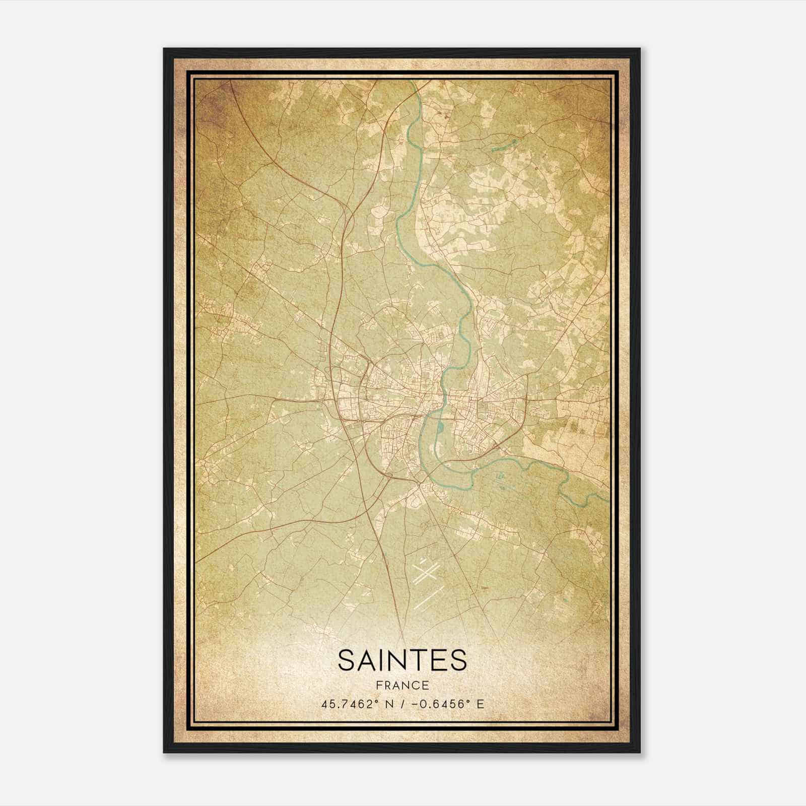 Vintage Saintes France Map Poster, Saintes City Road Wall Art Print