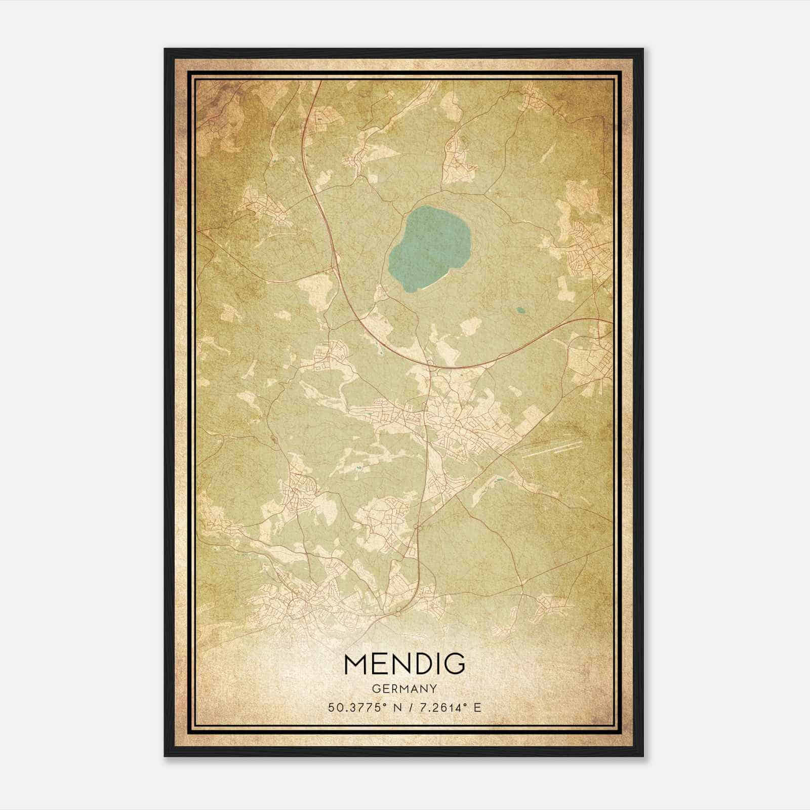 Vintage Mendig Germany Map Poster, Mendig City Road Wall Art Print