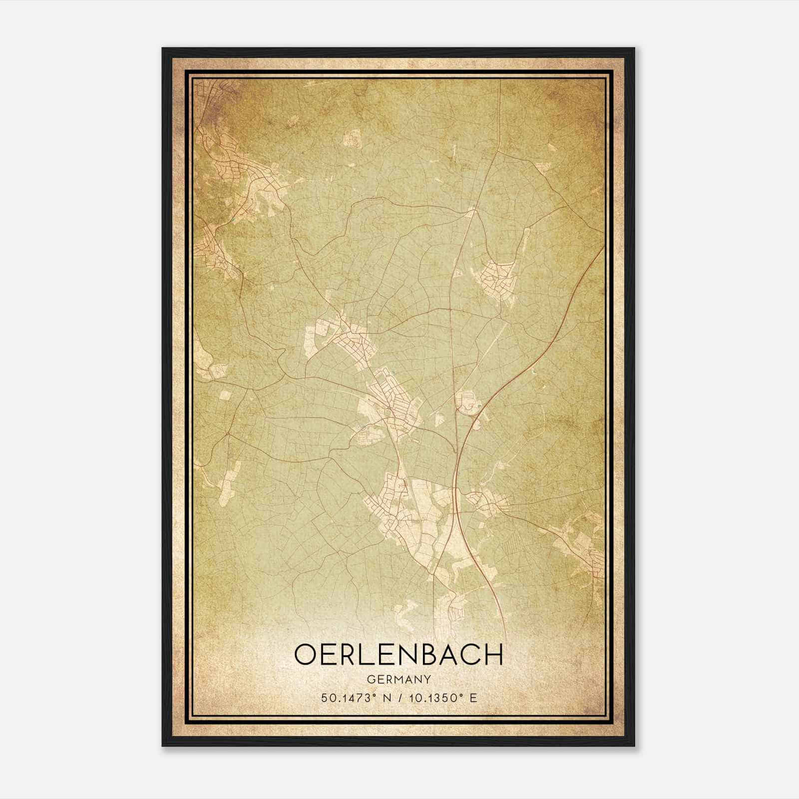 Vintage Oerlenbach Germany Map Poster, Oerlenbach City Road Wall Art Print