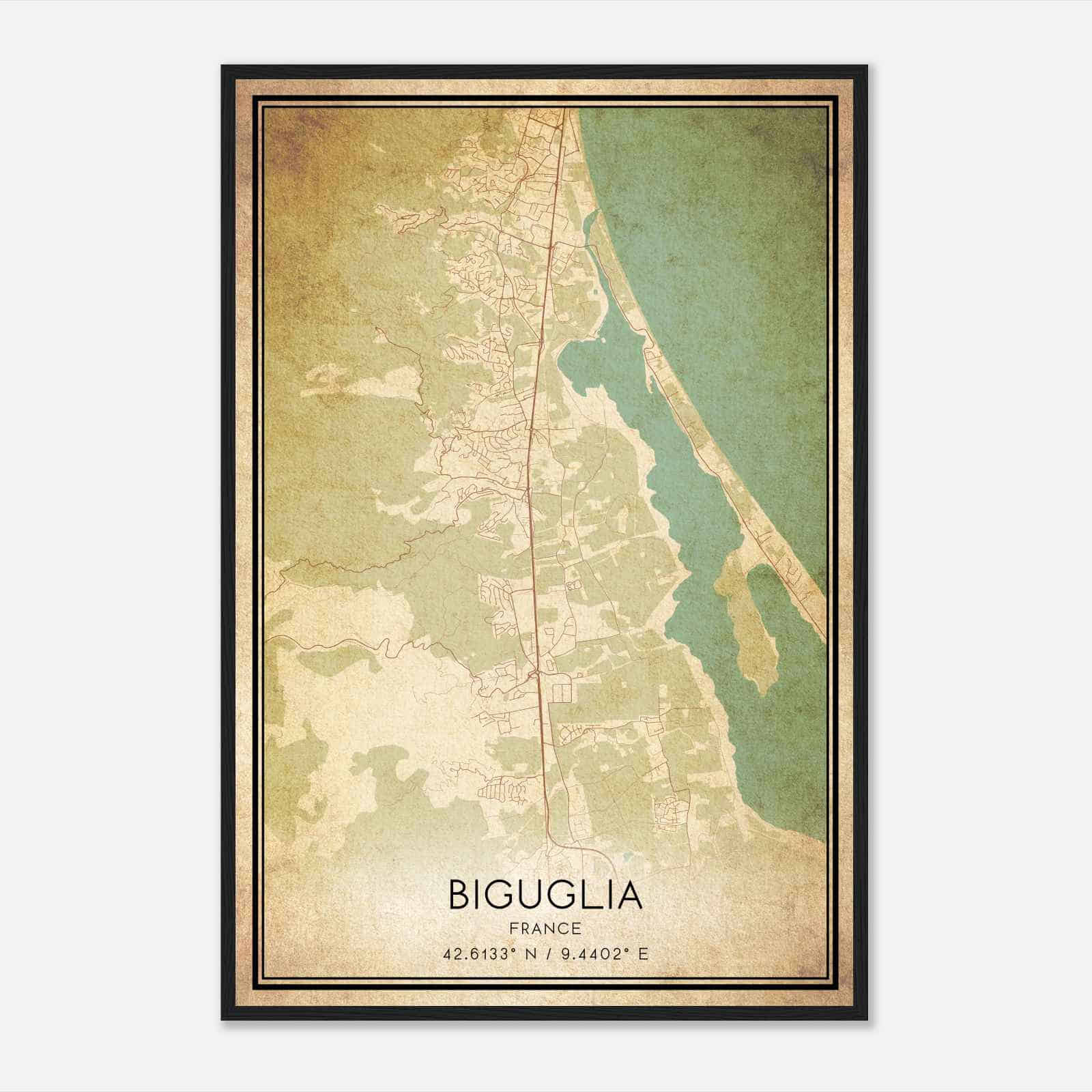 Vintage Biguglia France Map Poster, Biguglia City Road Wall Art Print