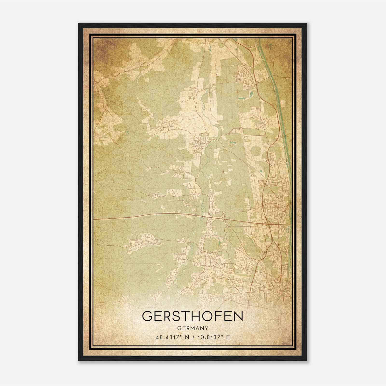 Vintage Gersthofen Germany Map Poster, Gersthofen City Road Wall Art Print