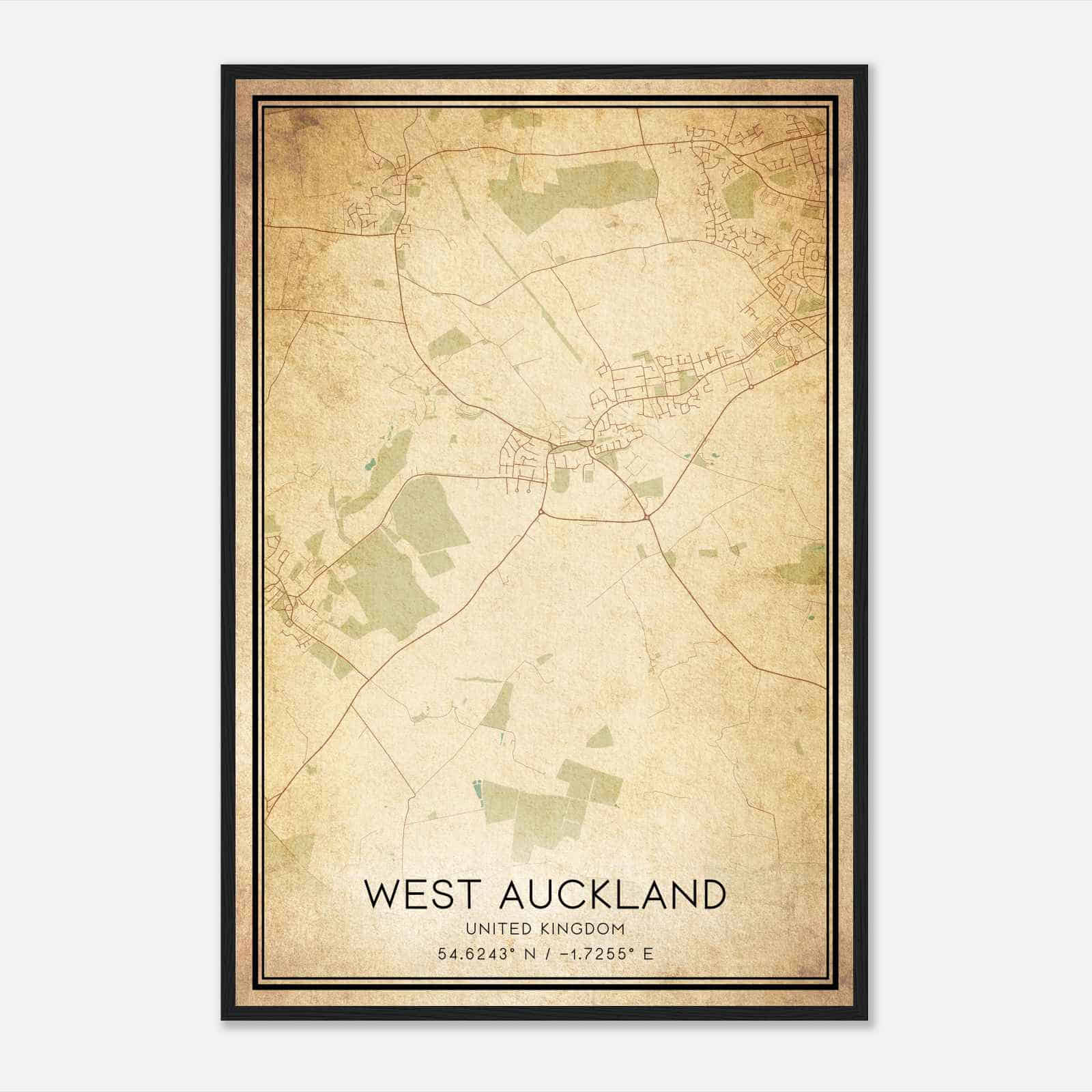 Vintage West Auckland United Kingdom Map Poster, West Auckland City Road Wall Art Print