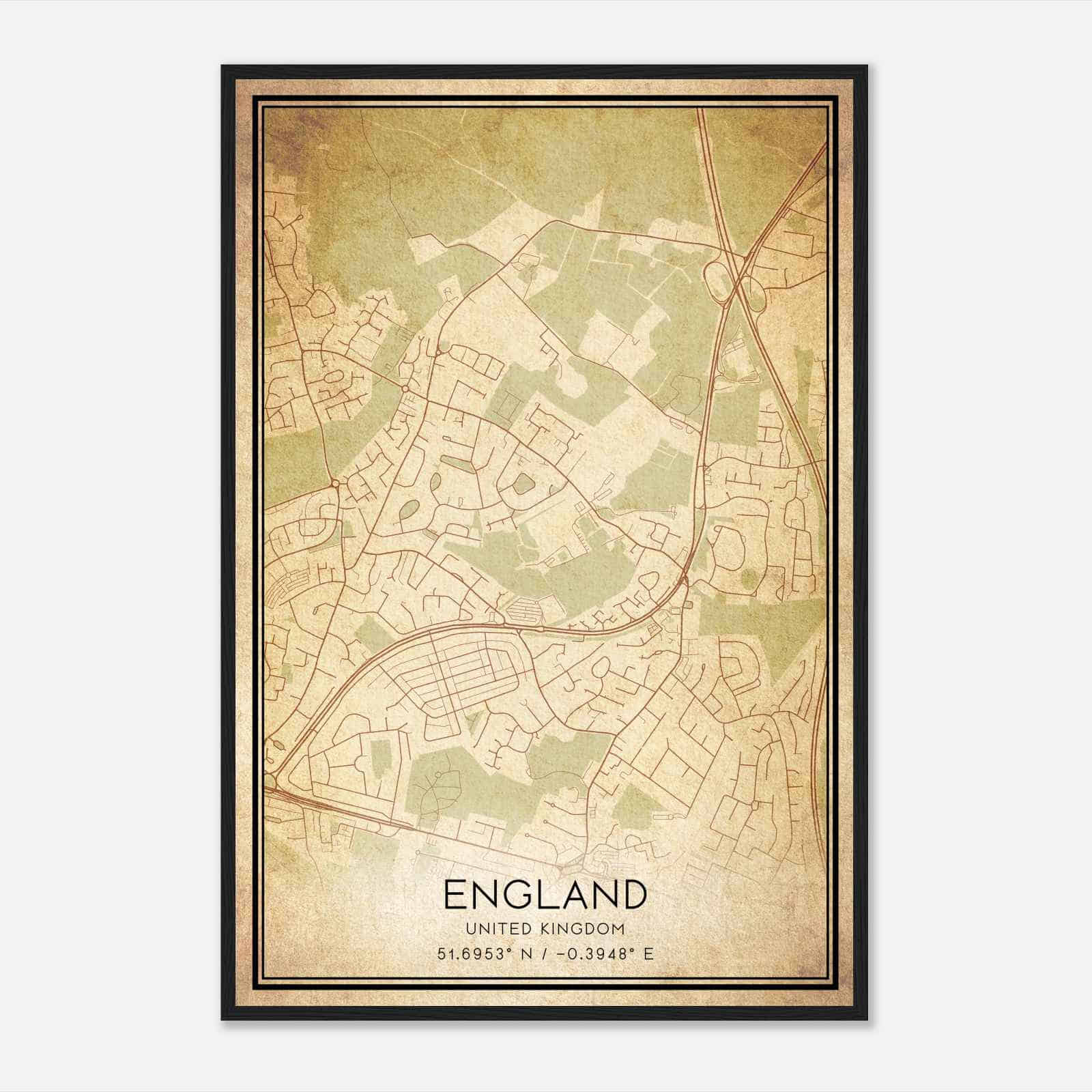 Vintage Leavesden Green United Kingdom Map Poster, Leavesden Green City Road Wall Art Print