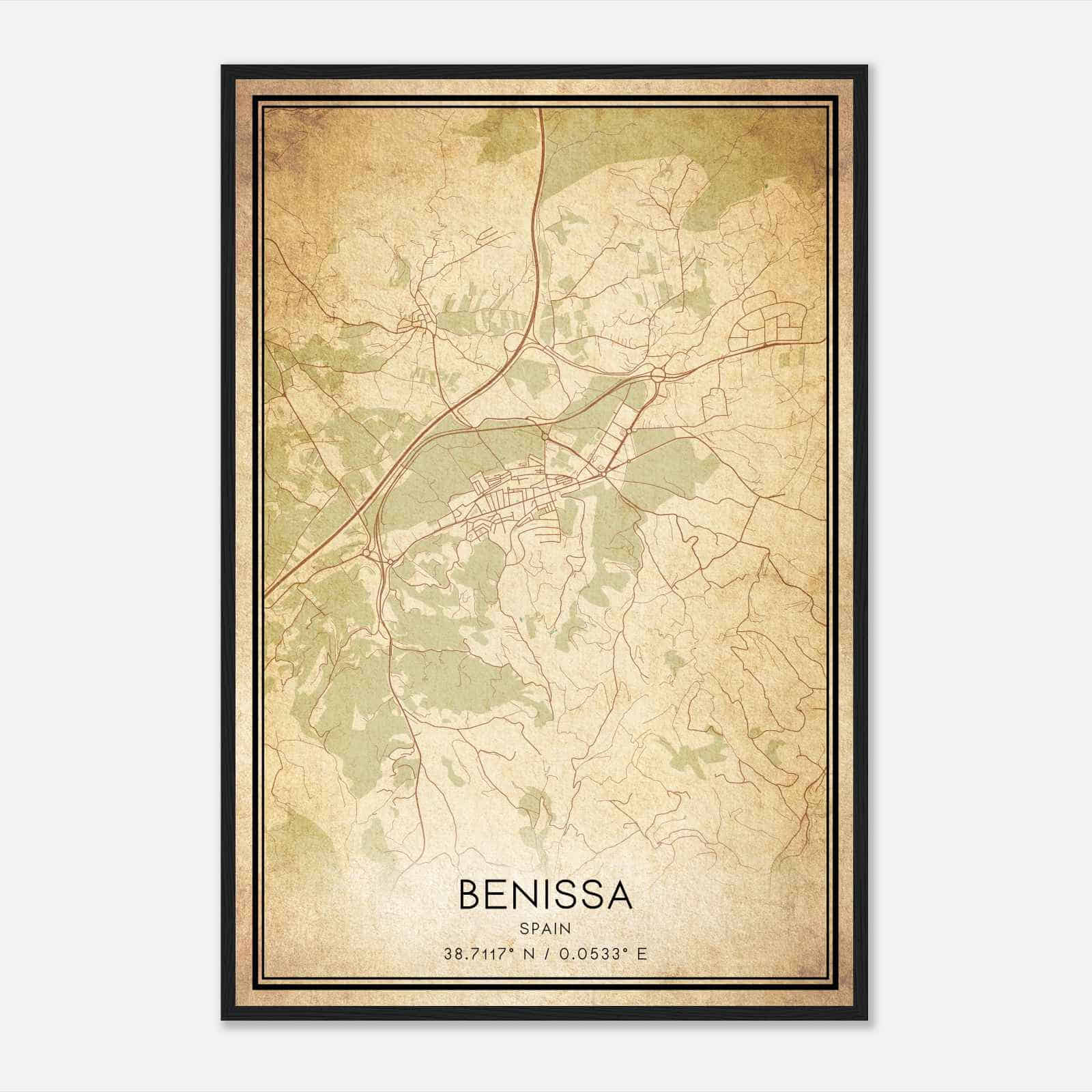 Vintage Benisa Spain Map Poster, Benisa City Road Wall Art Print