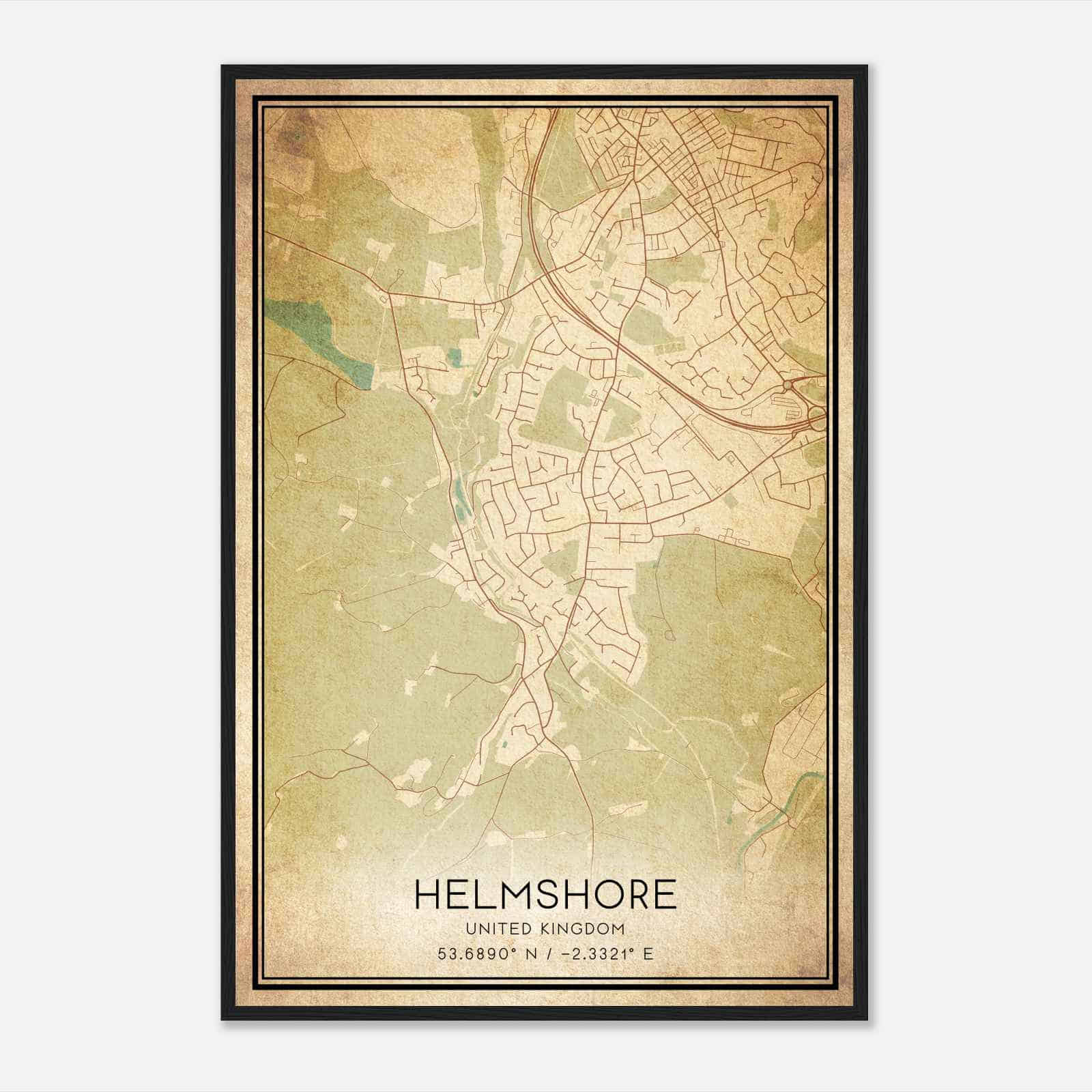 Vintage Helmshore United Kingdom Map Poster, Helmshore City Road Wall Art Print