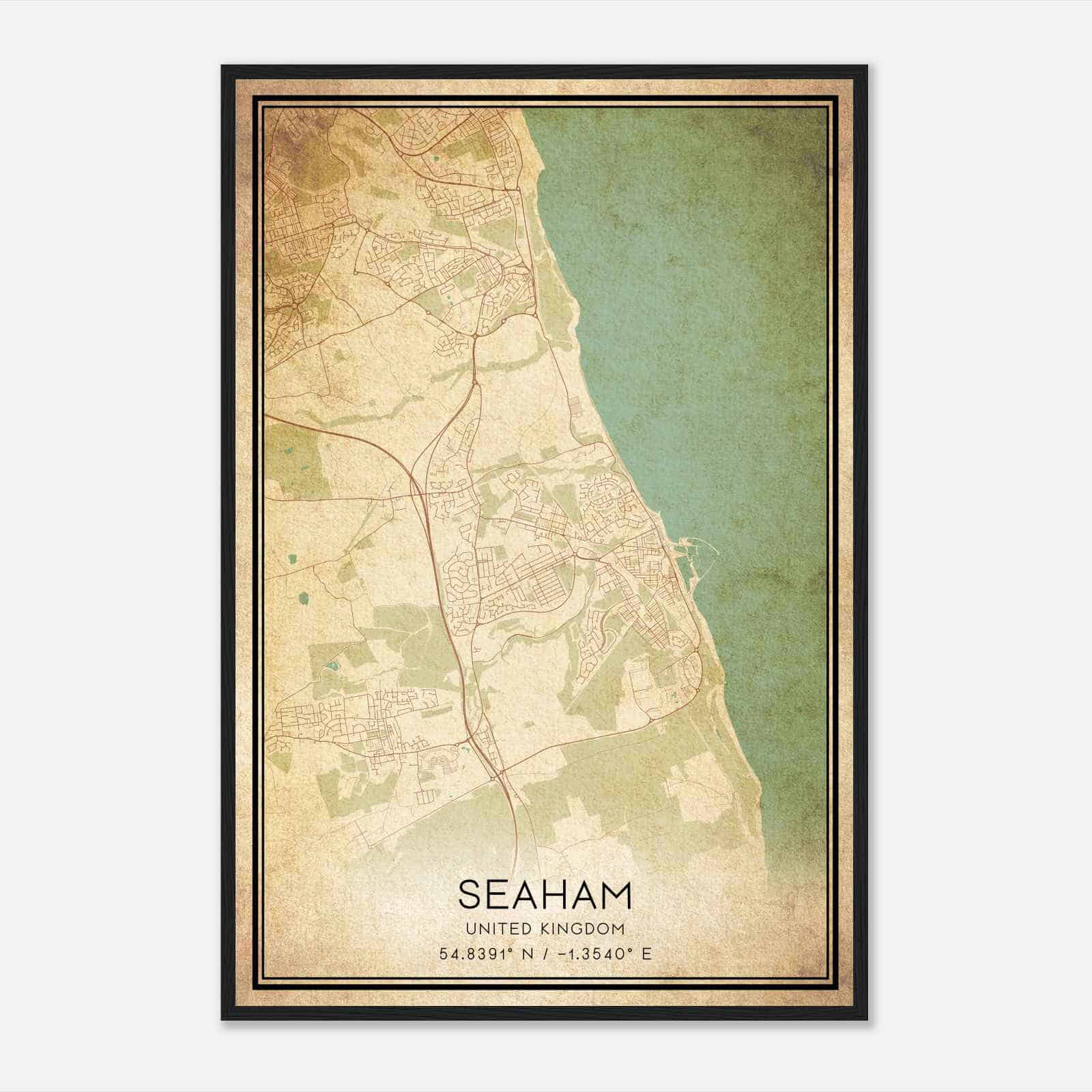 Vintage Seaham United Kingdom Map Poster, Seaham City Road Wall Art Print