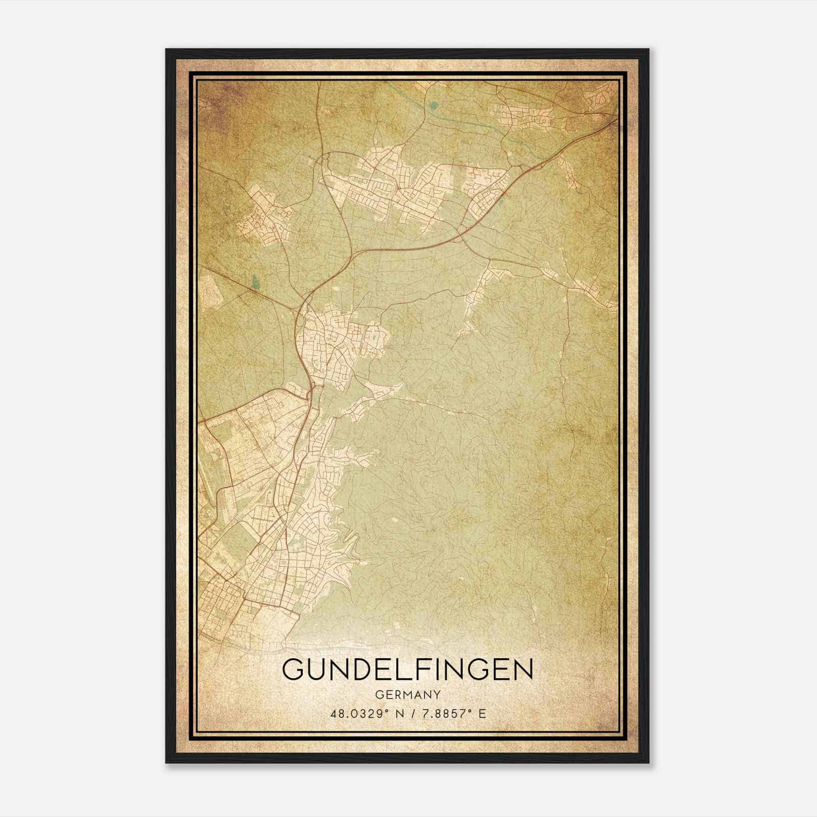 Vintage Gundelfingen Germany Map Poster, Gundelfingen City Road Wall Art Print