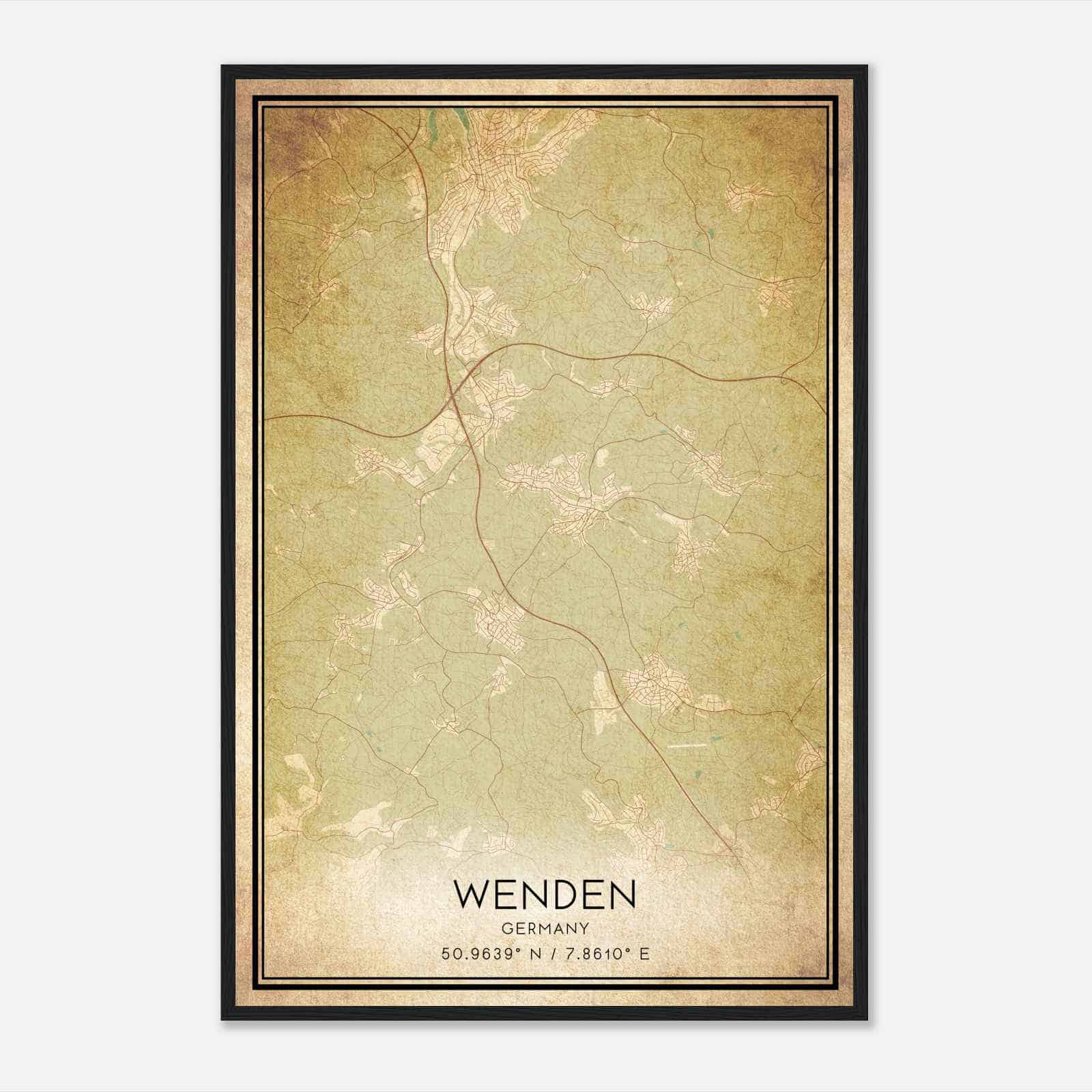 Vintage Wenden Germany Map Poster, Wenden City Road Wall Art Print