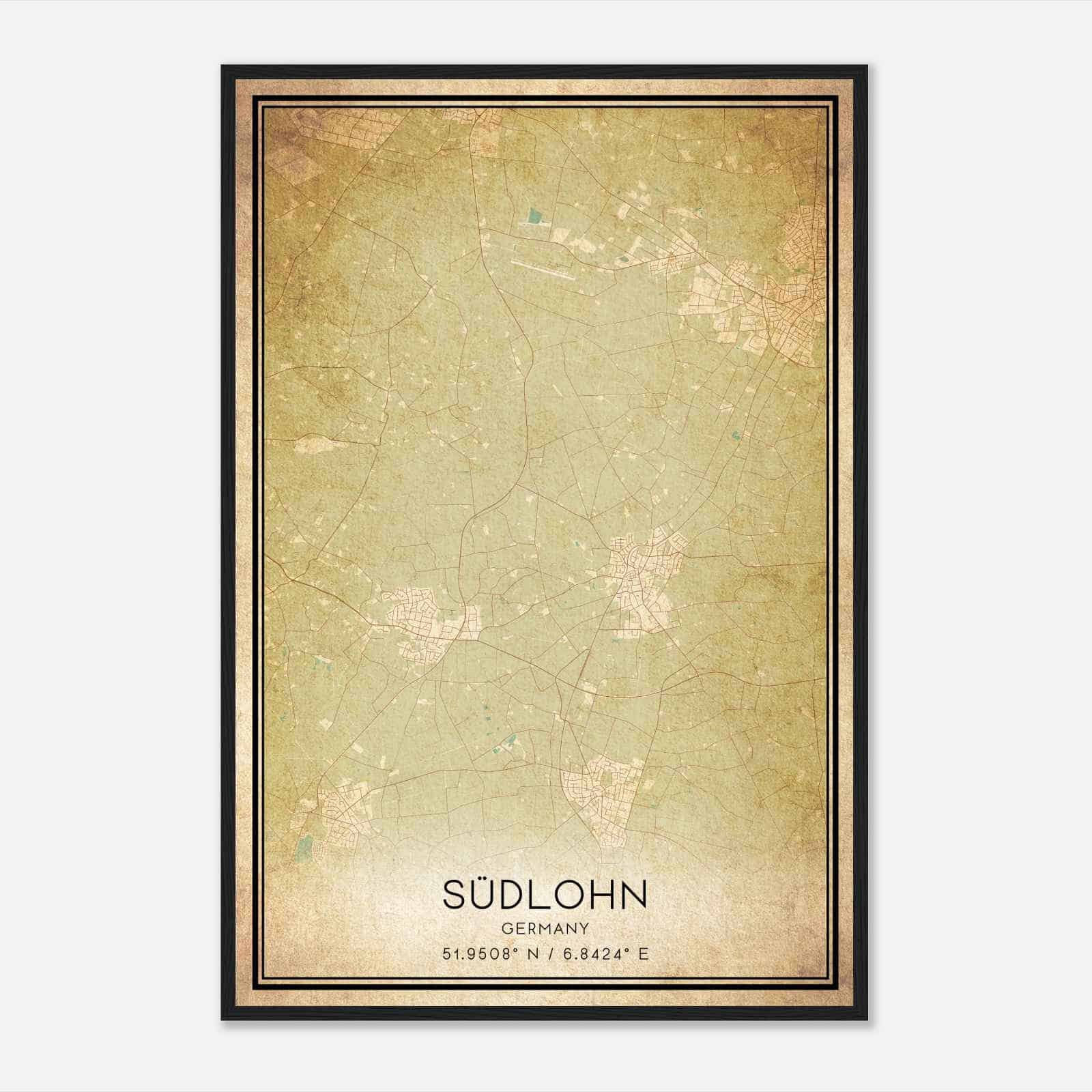 Vintage Sudlohn Germany Map Poster, Sudlohn City Road Wall Art Print