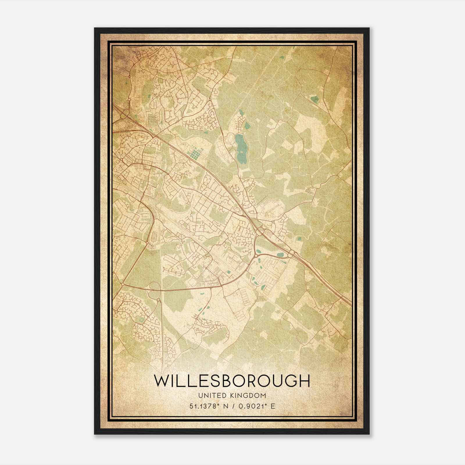 Vintage Willesborough United Kingdom Map Poster, Willesborough City Road Wall Art Print