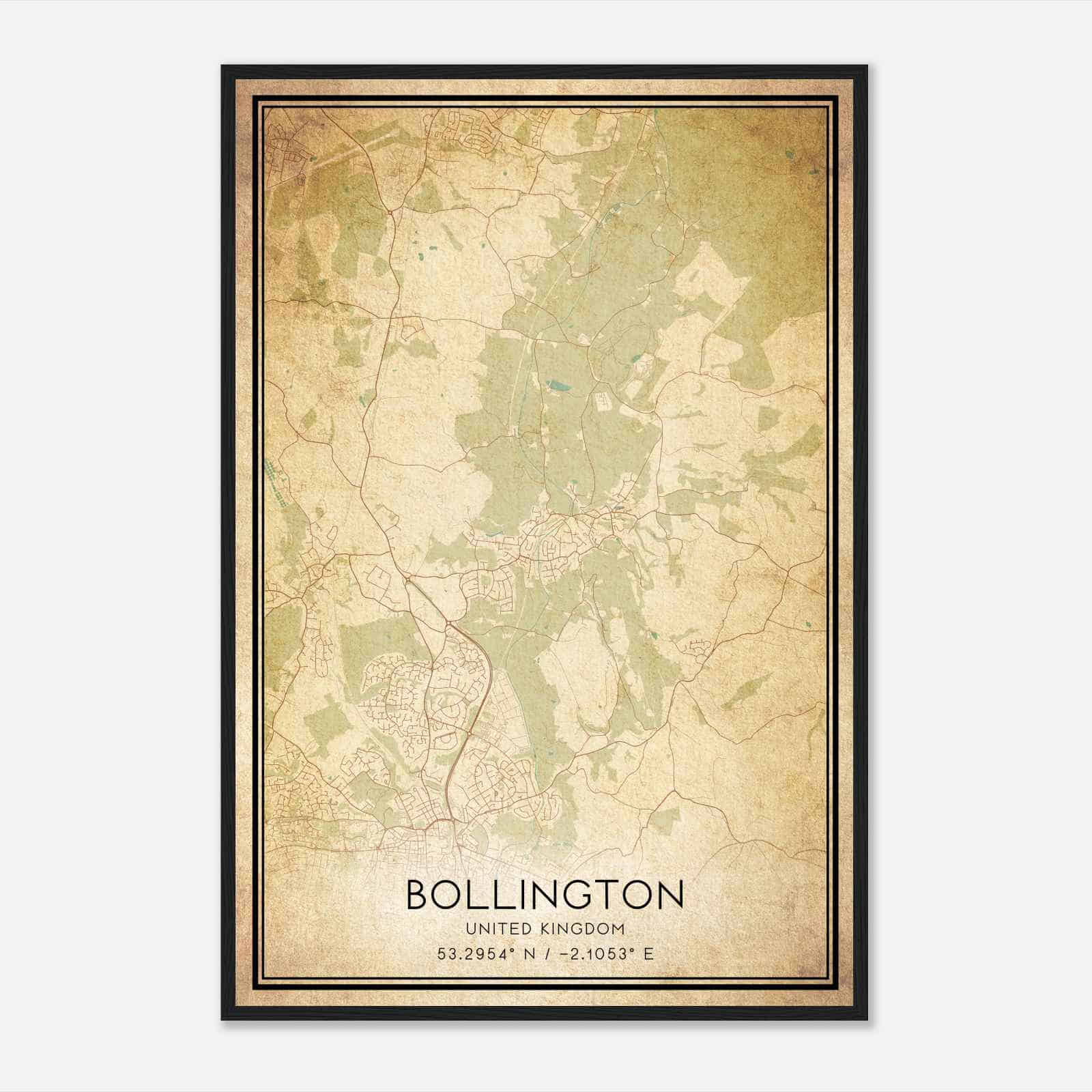 Vintage Bollington United Kingdom Map Poster, Bollington City Road Wall Art Print