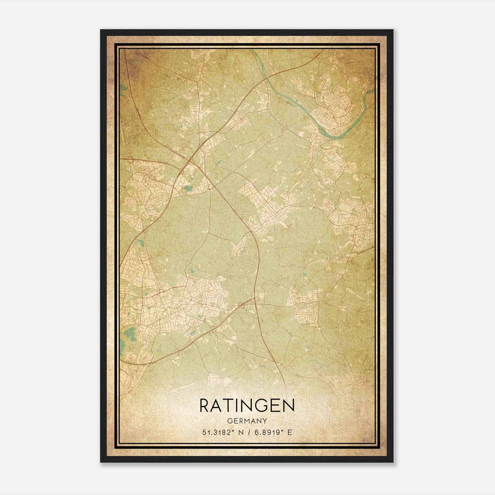 Vintage Ratingen Germany Map Poster, Ratingen City Road Wall Art Print