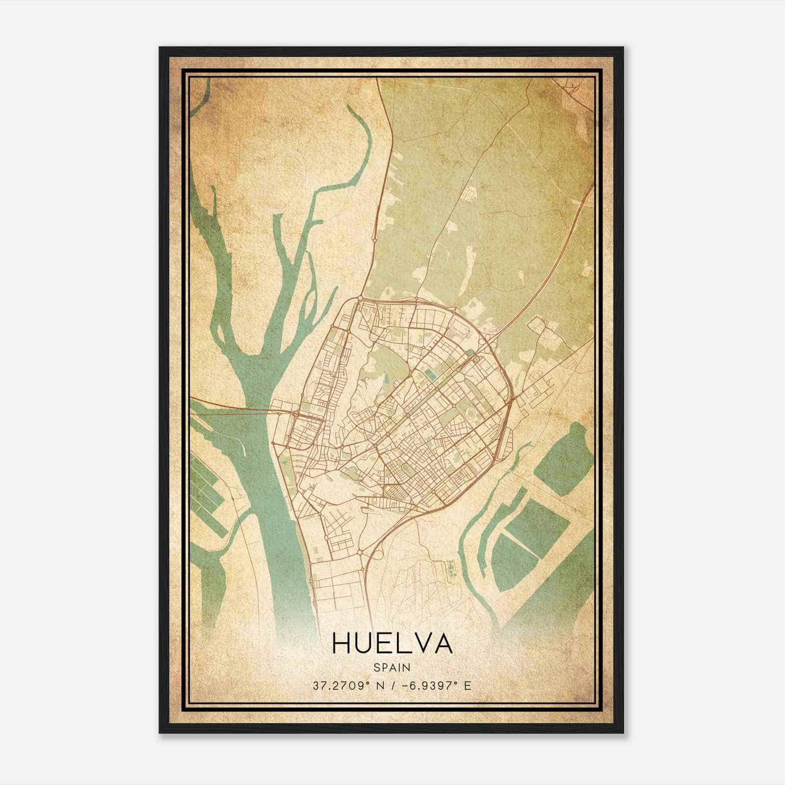 Vintage Huelva Spain Map Poster, Huelva City Road Wall Art Print