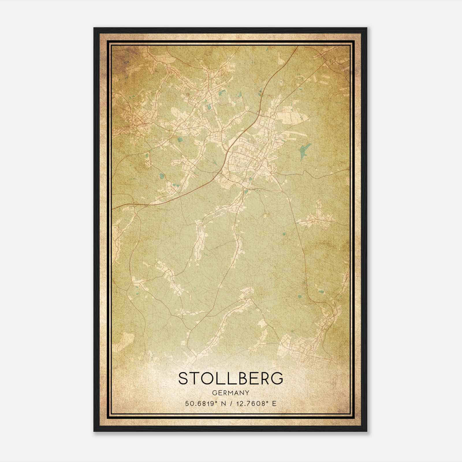Vintage Stollberg Germany Map Poster, Stollberg City Road Wall Art Print