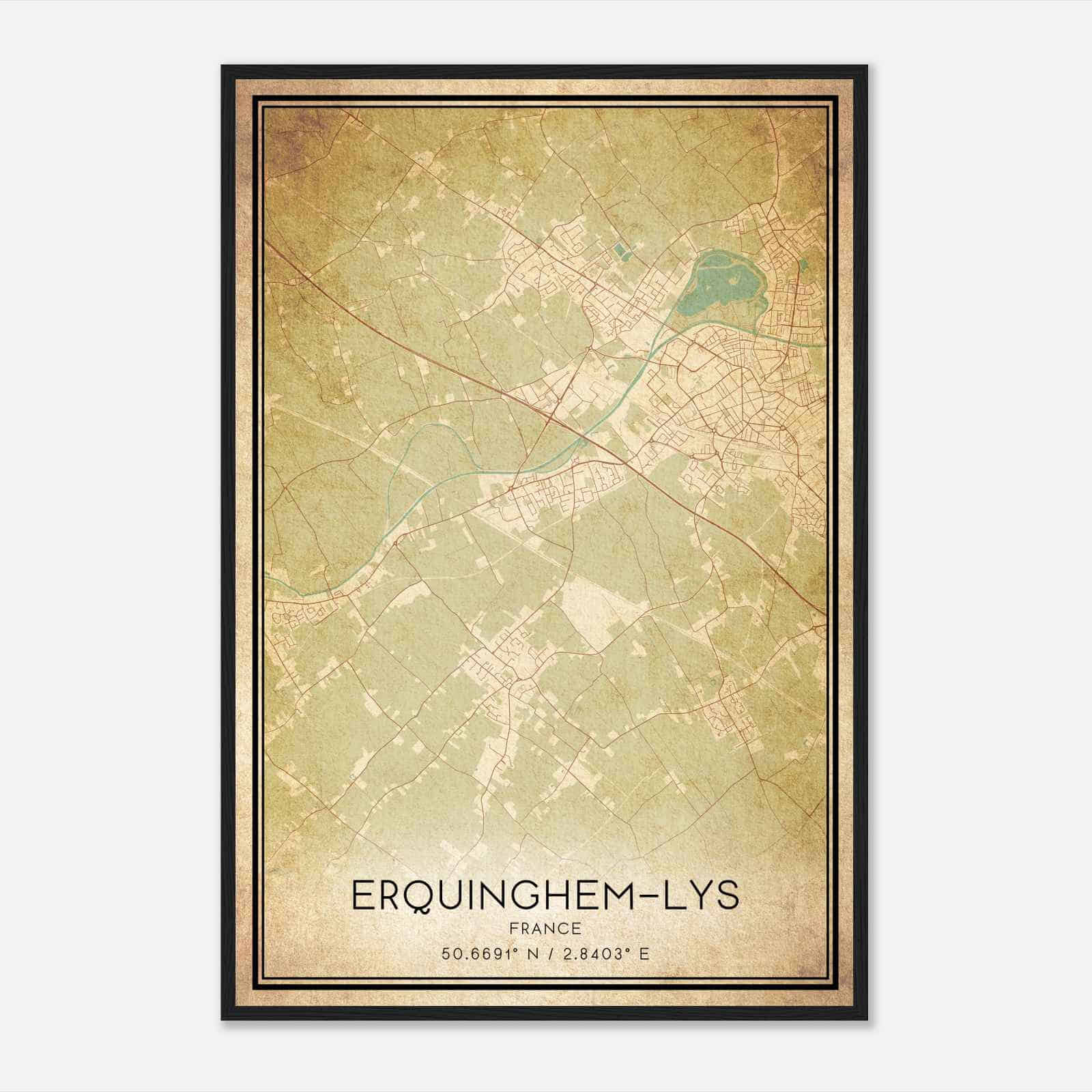 Vintage Erquinghem-Lys France Map Poster, Erquinghem-Lys City Road Wall Art Print