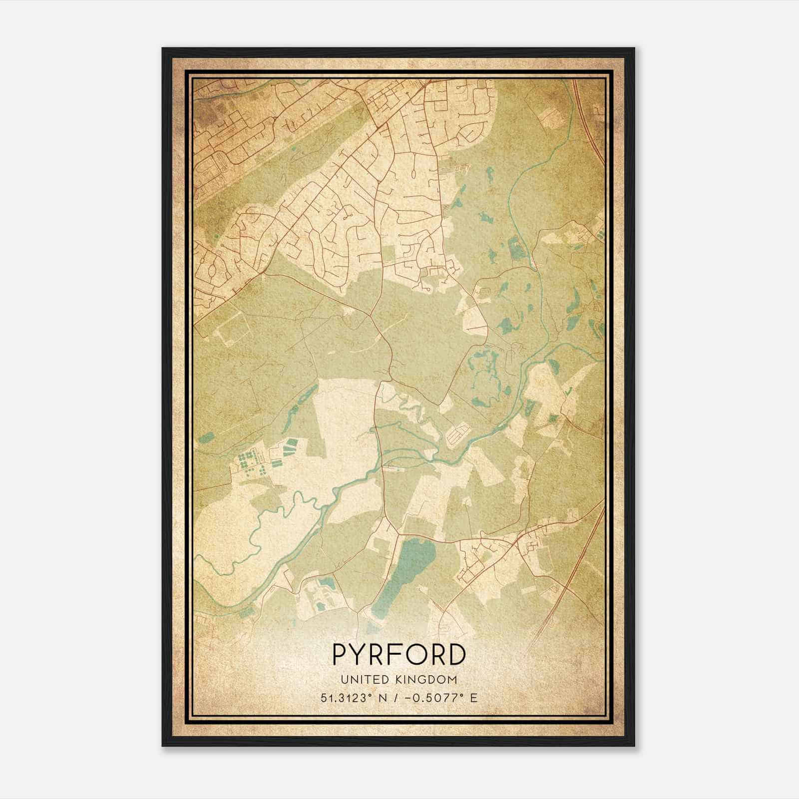 Vintage Pyrford United Kingdom Map Poster, Pyrford City Road Wall Art Print