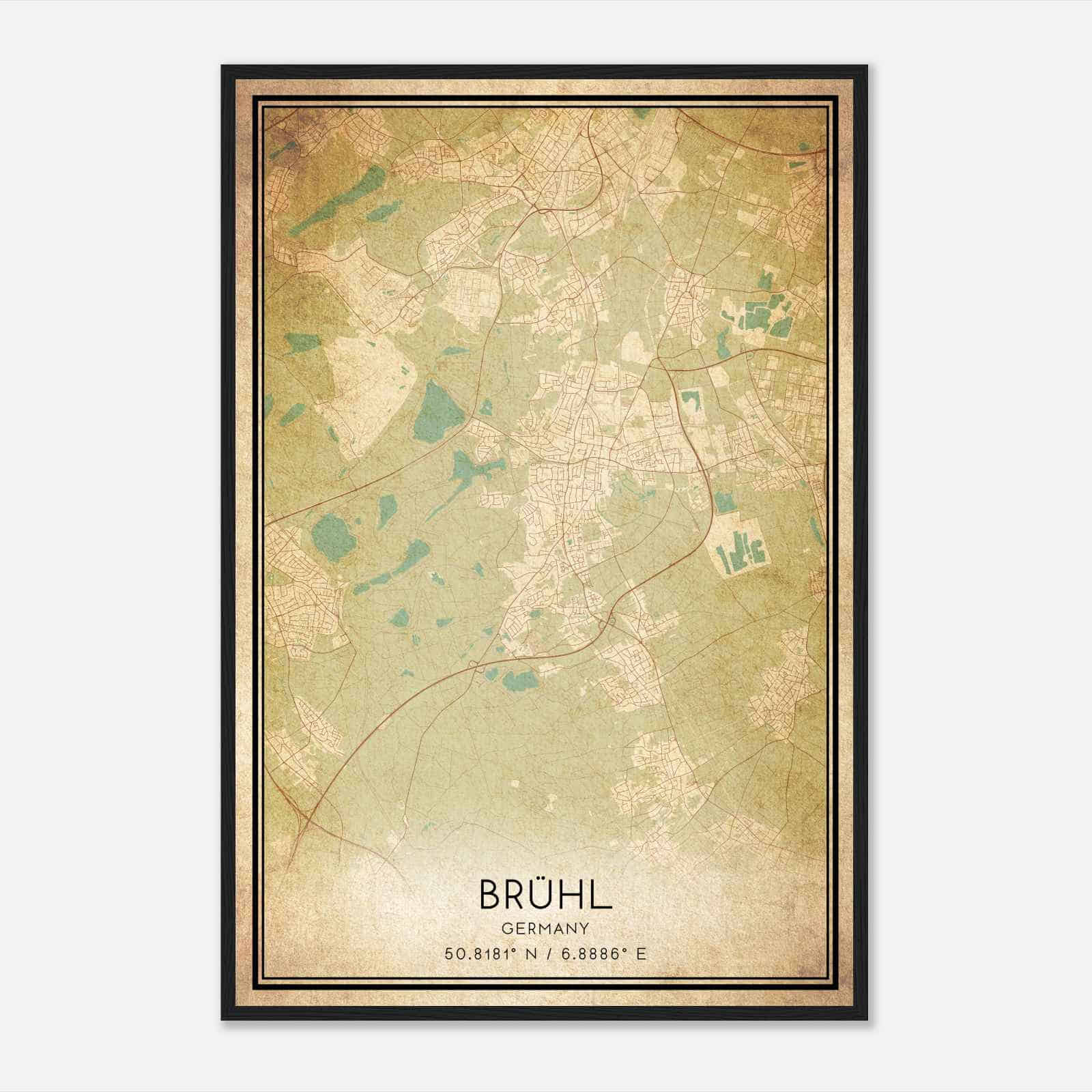 Vintage Bruhl Germany Map Poster, Bruhl City Road Wall Art Print